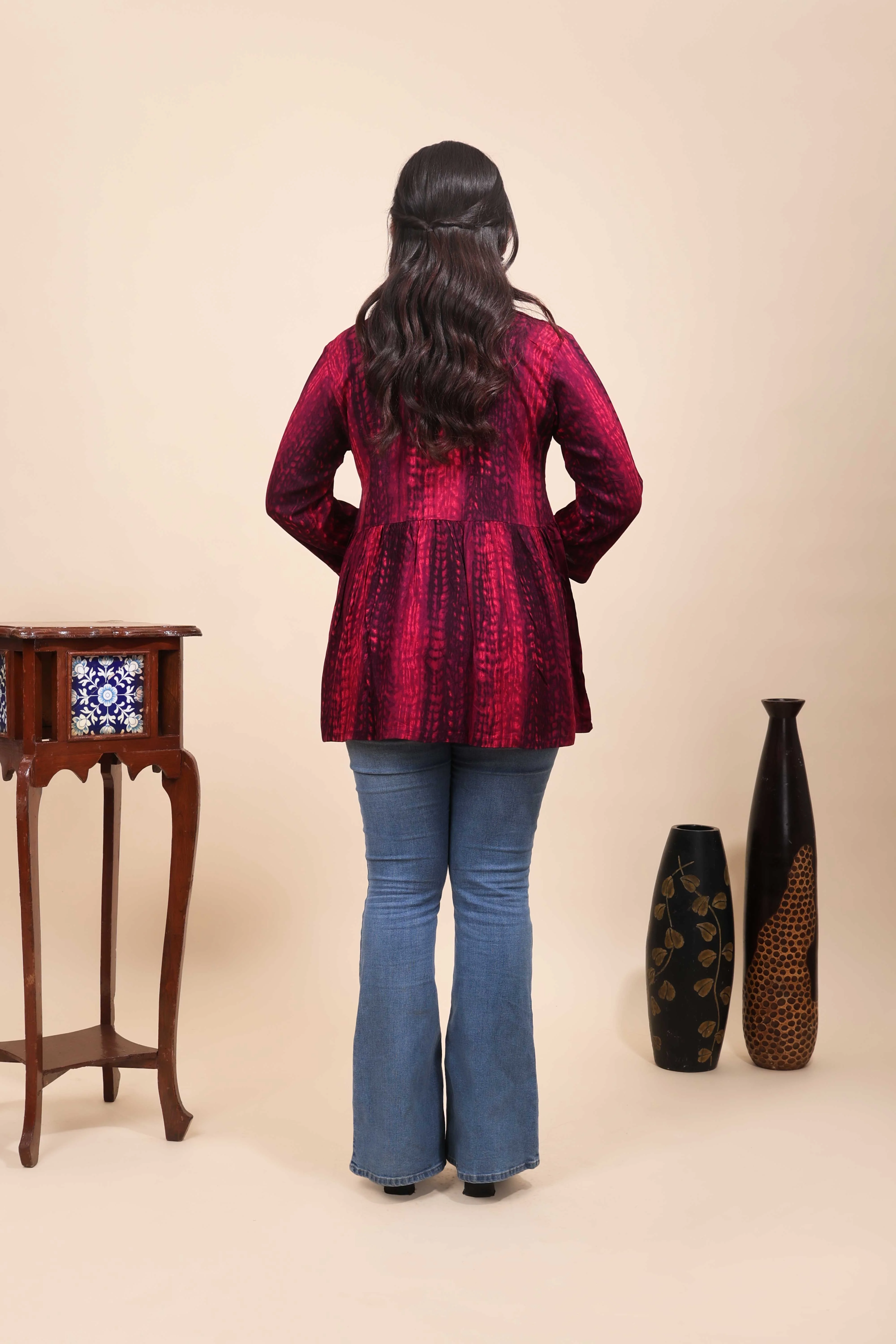 Pink Shibori Tie-Dye Print Short Kurti with Vertical Stripes, 3/4 Sleeves & Tassel Tie-Up Neck - Image 5