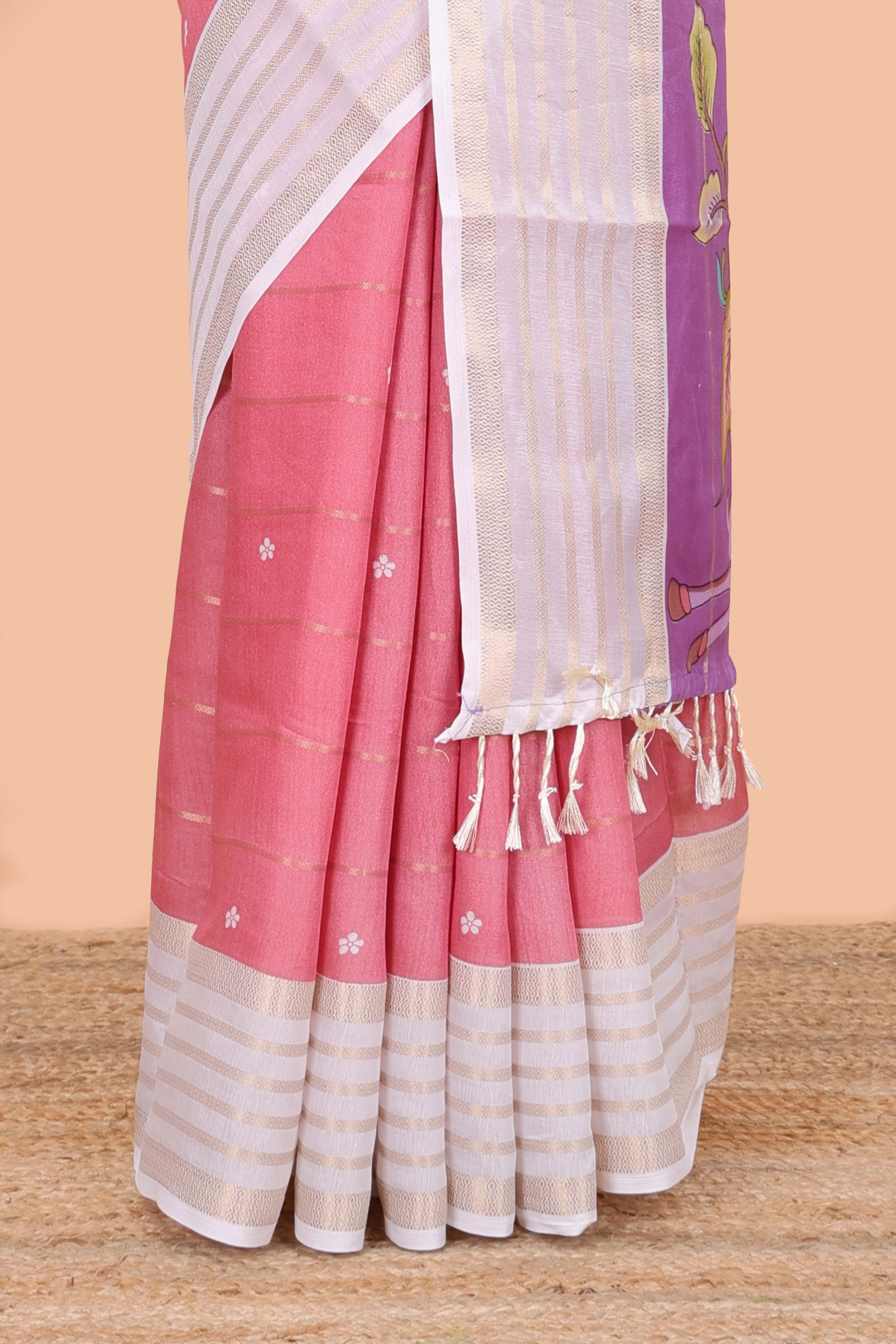 Pink zari striped moss chiffon saree with floral butta, contrast border and pallu - Image 4