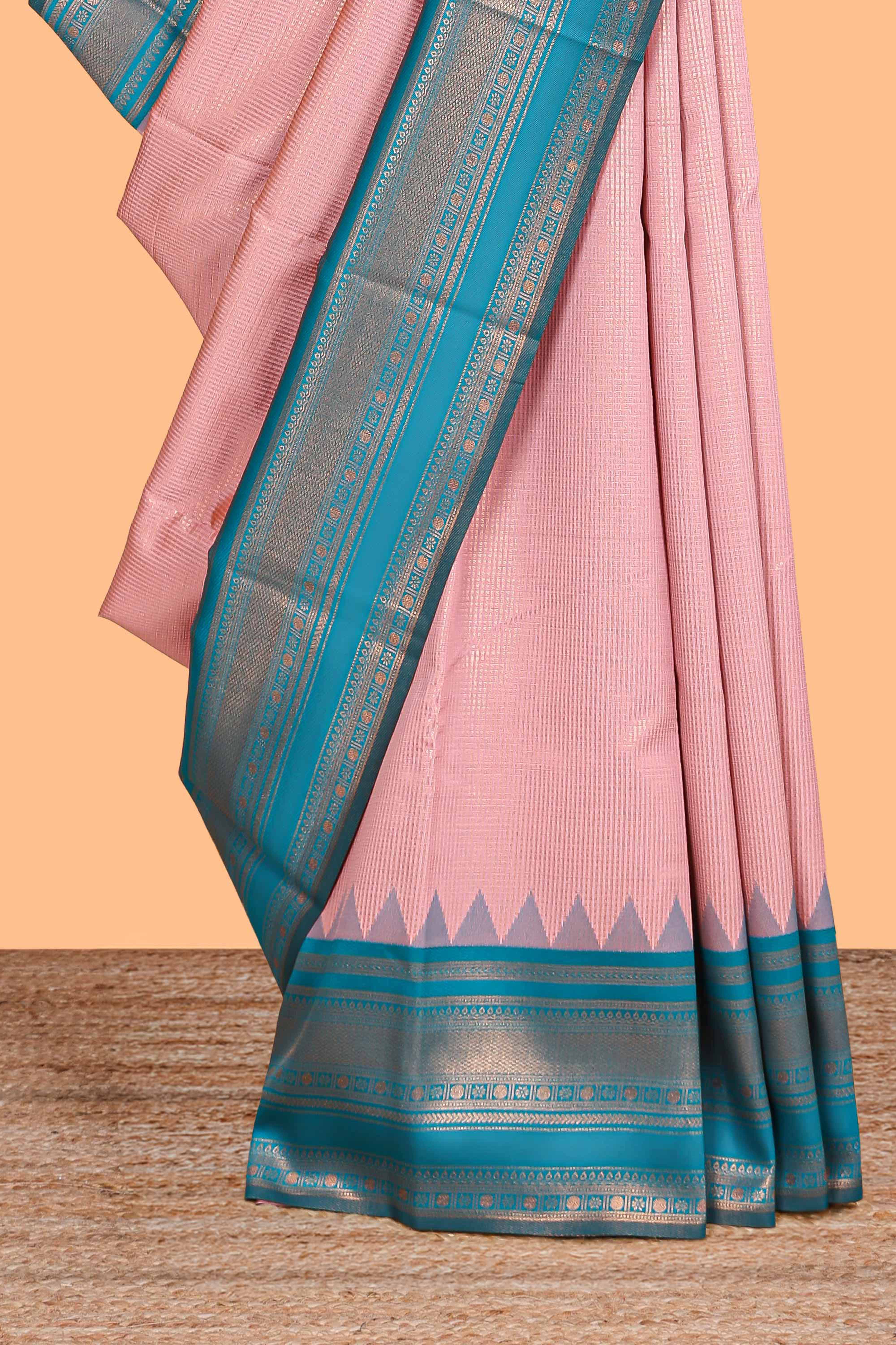 Pink zari textured litchi silk saree with contrast zari border and floral motifs blouse - Image 3