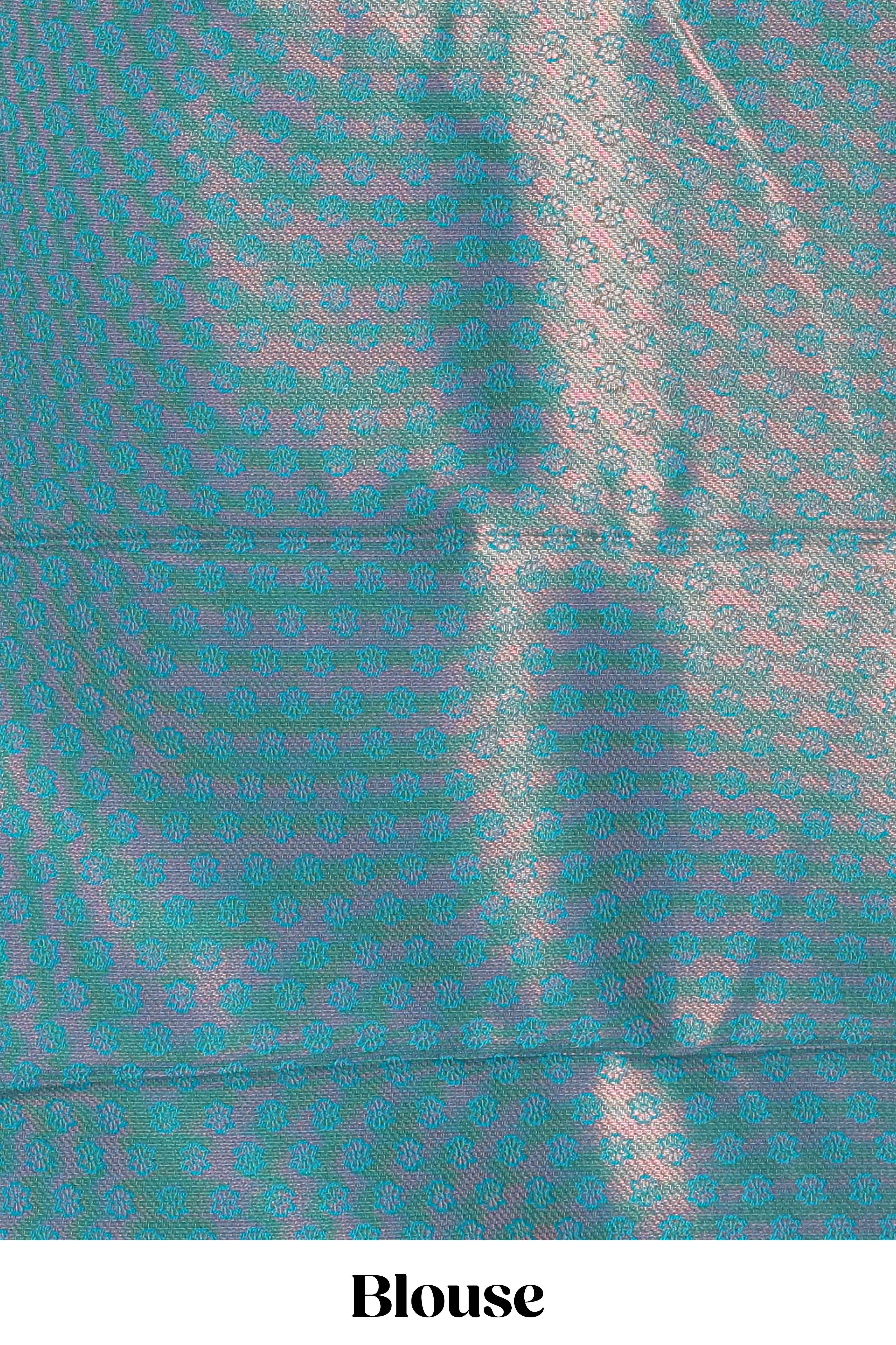 Pink zari textured litchi silk saree with contrast zari border and floral motifs blouse - Image 5