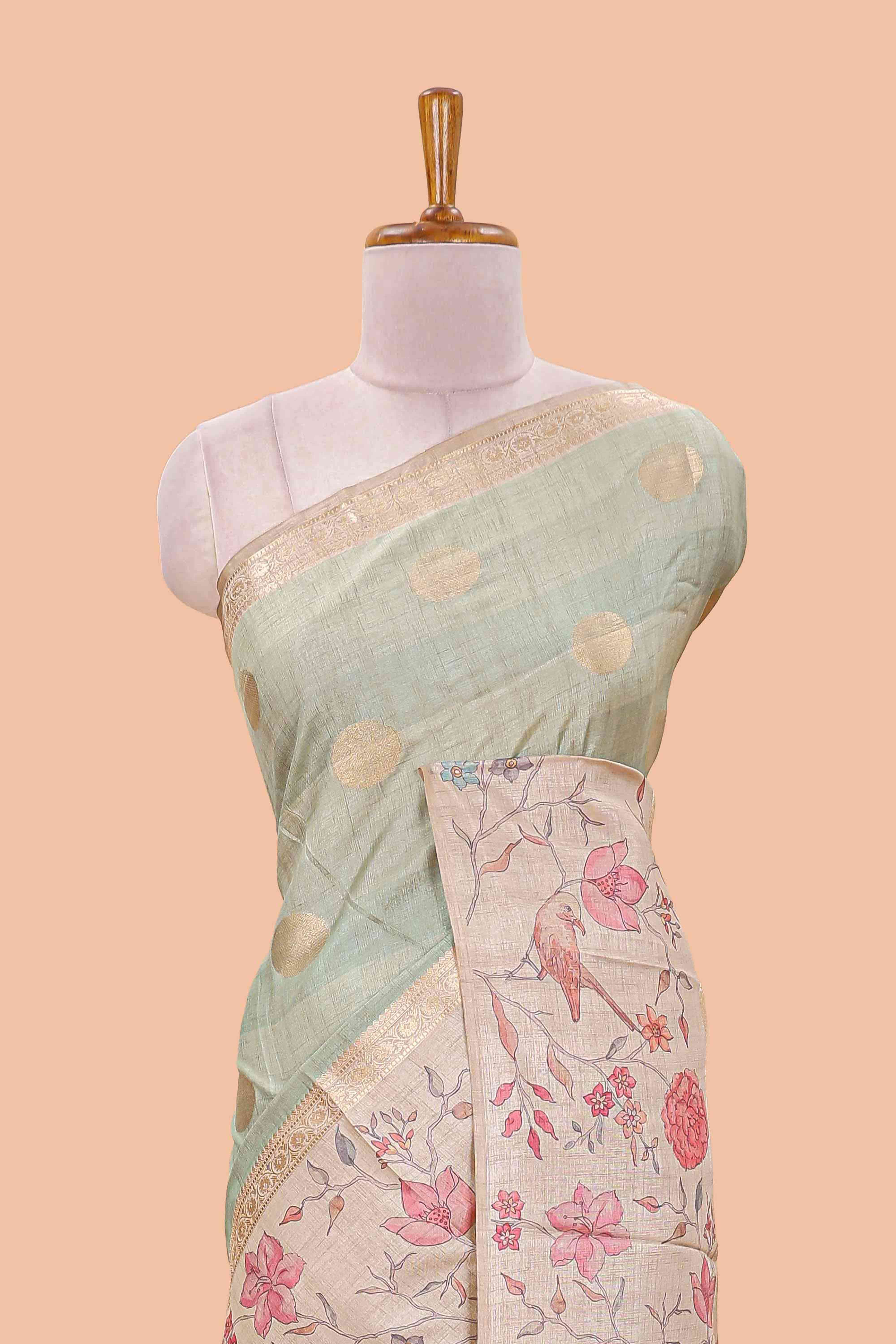 Pista green art tussar saree featuring round zari butta body with floral and bird motif printed border and pallu - Image 3