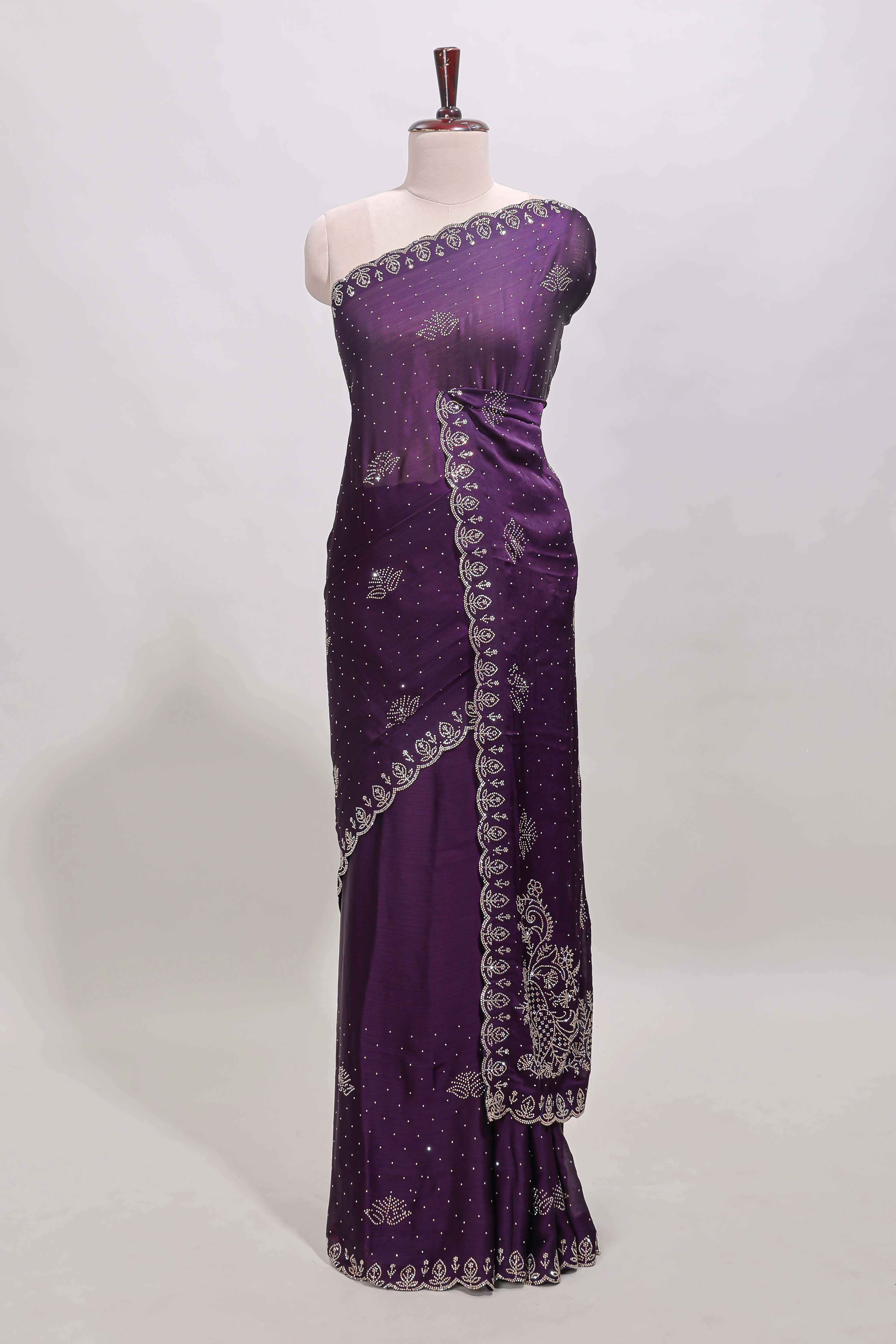 Plum lavender floral motifs design stone work designer saree with self floral scallop border and matching blouse - Image 2