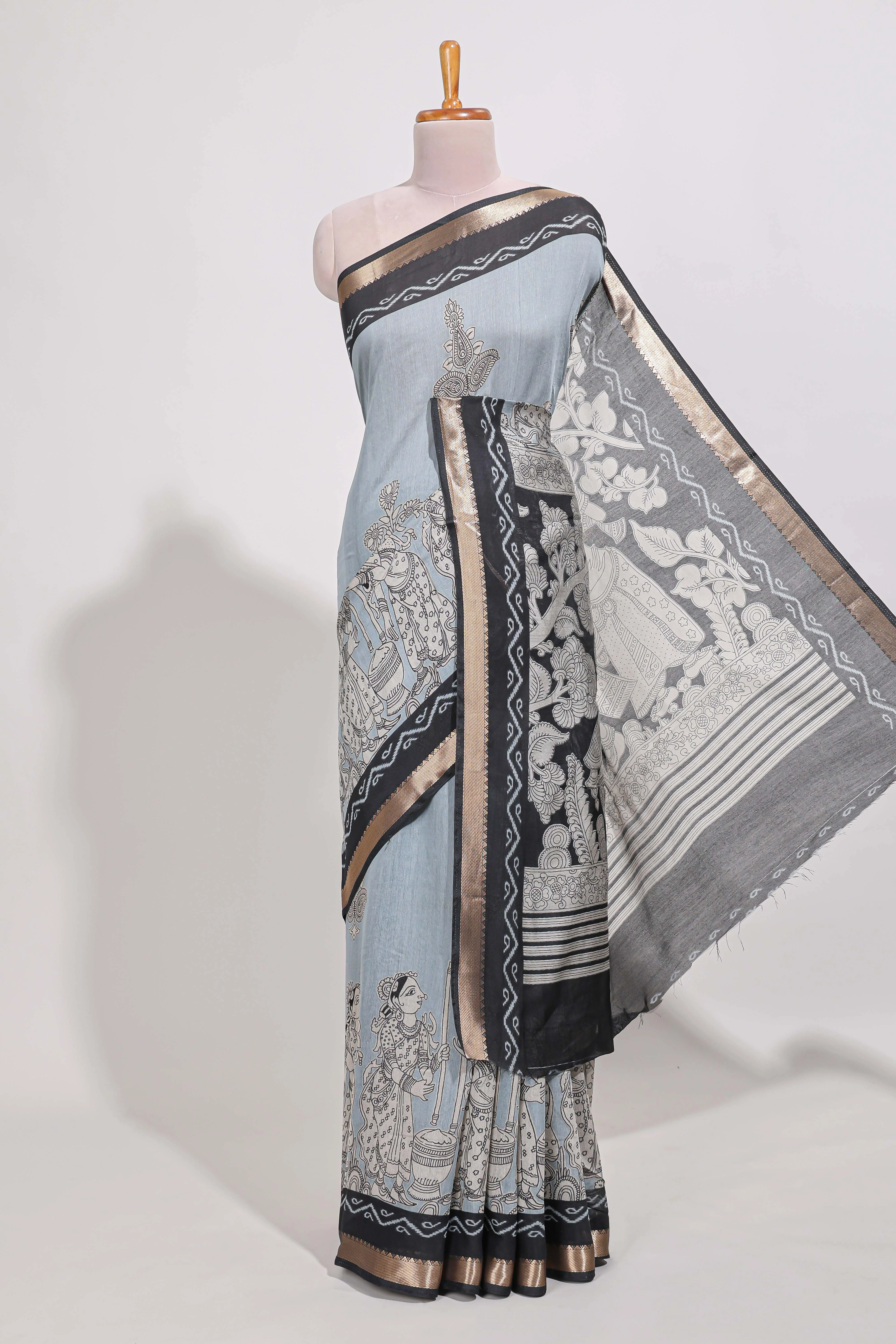 Powder Blue Viscose Georgette Saree All-over elegant ethnic detailing gold zari border and Statement pallu with artistic motifs with contrast printed blouse - Image 2