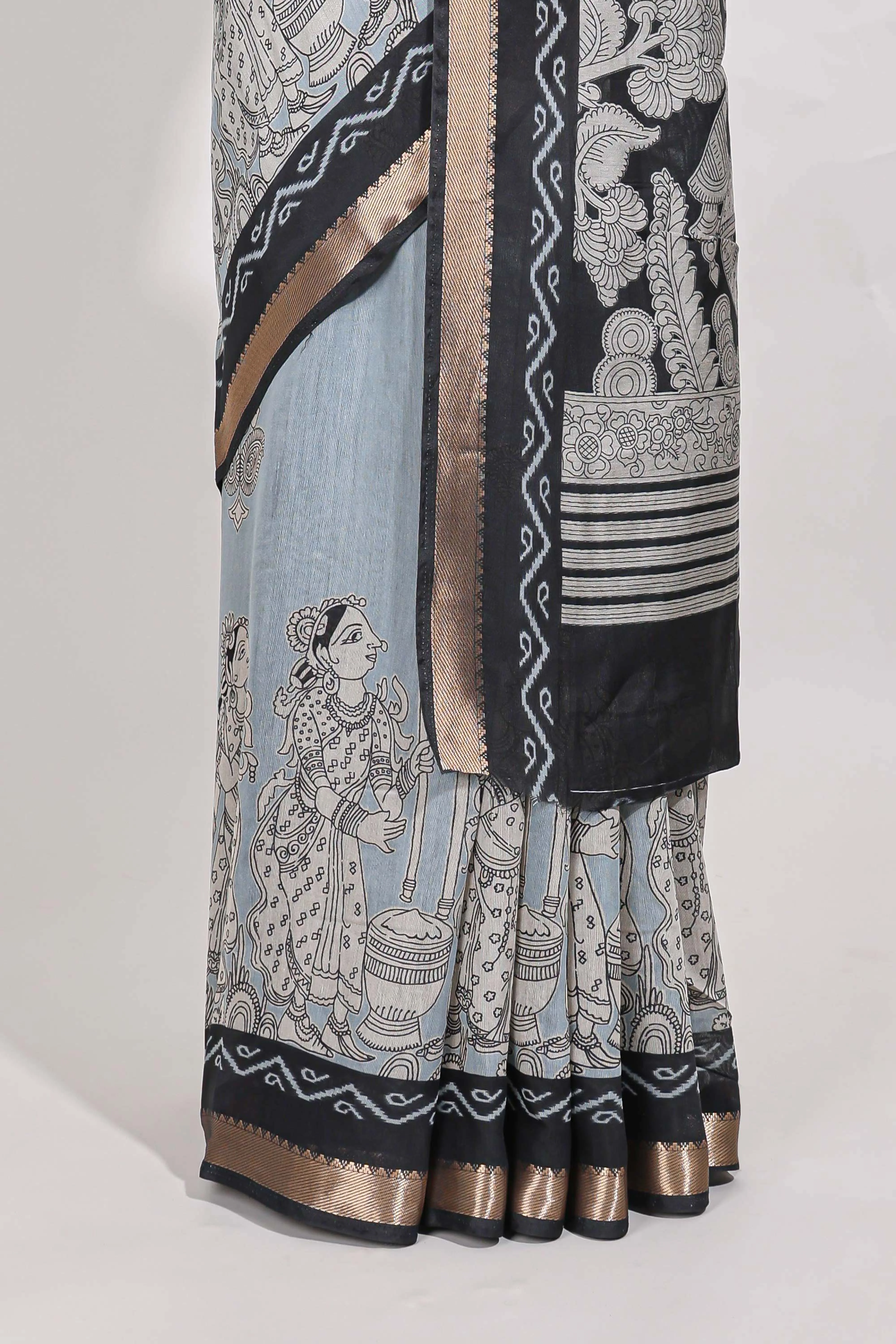 Powder Blue Viscose Georgette Saree All-over elegant ethnic detailing gold zari border and Statement pallu with artistic motifs with contrast printed blouse - Image 4