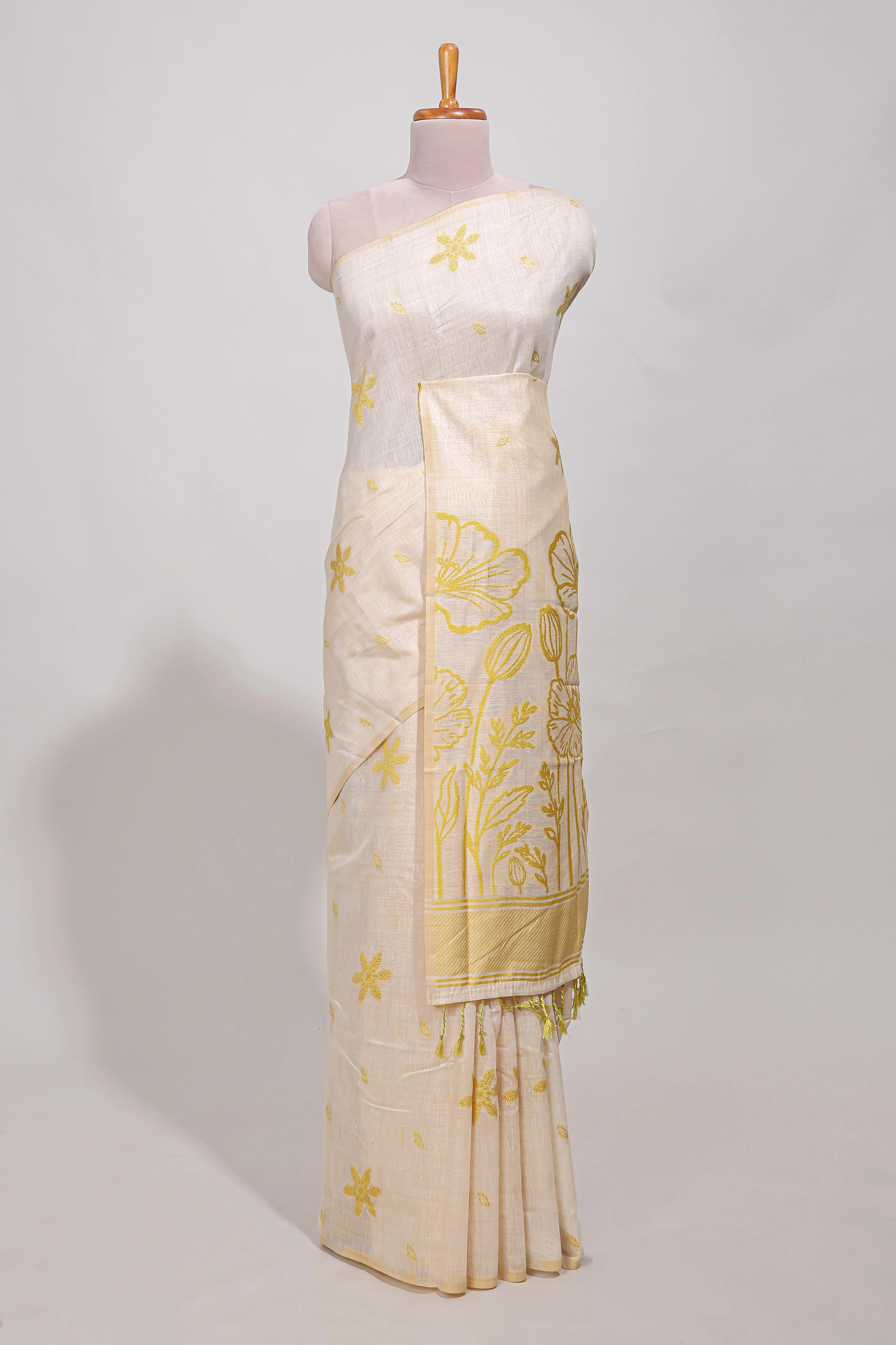 Powder yellow floral print munga cotton saree with matching floral print pallu along with tassles