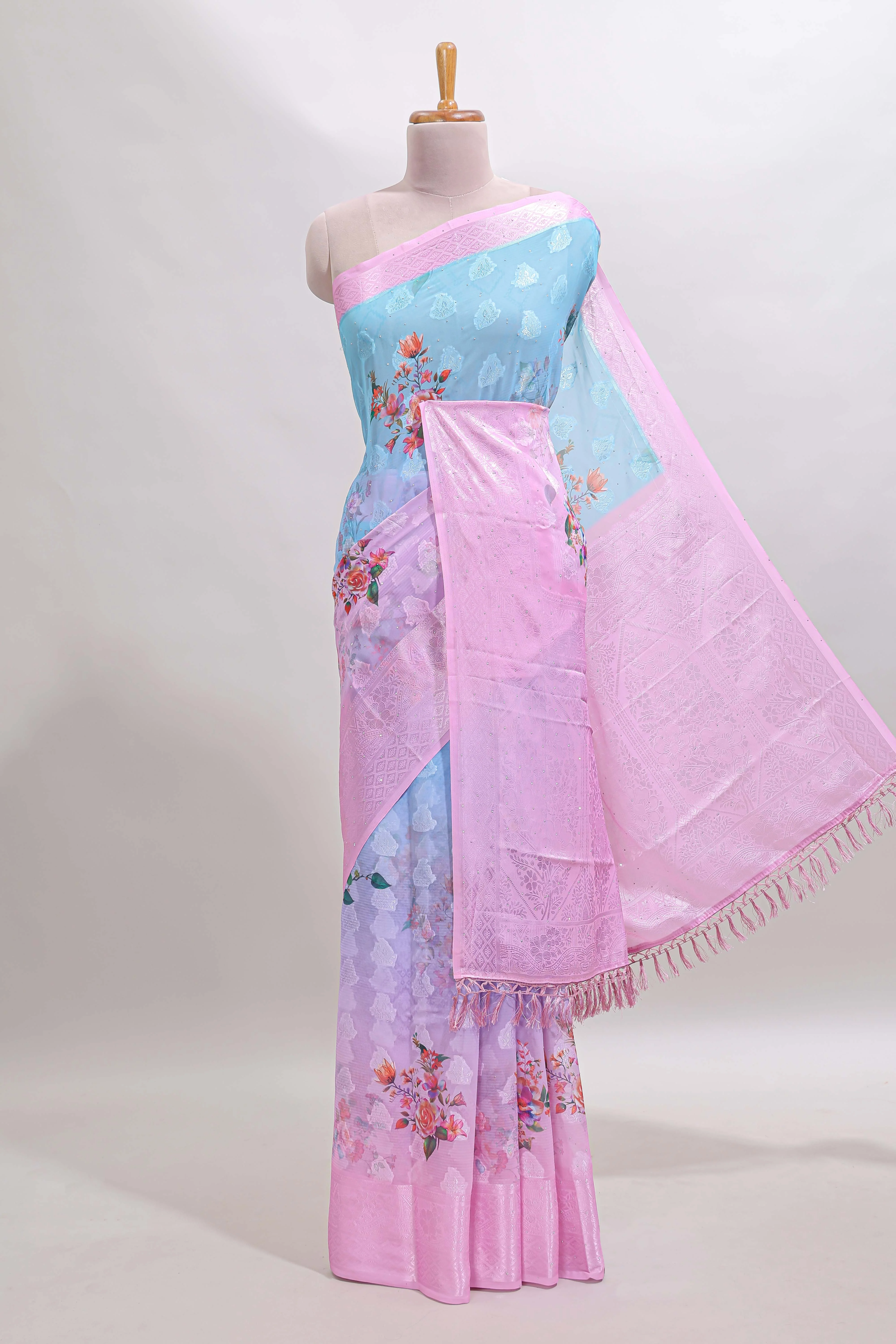 Blue & pink dual shade floral design georgette saree with contrast zari border and blouse
