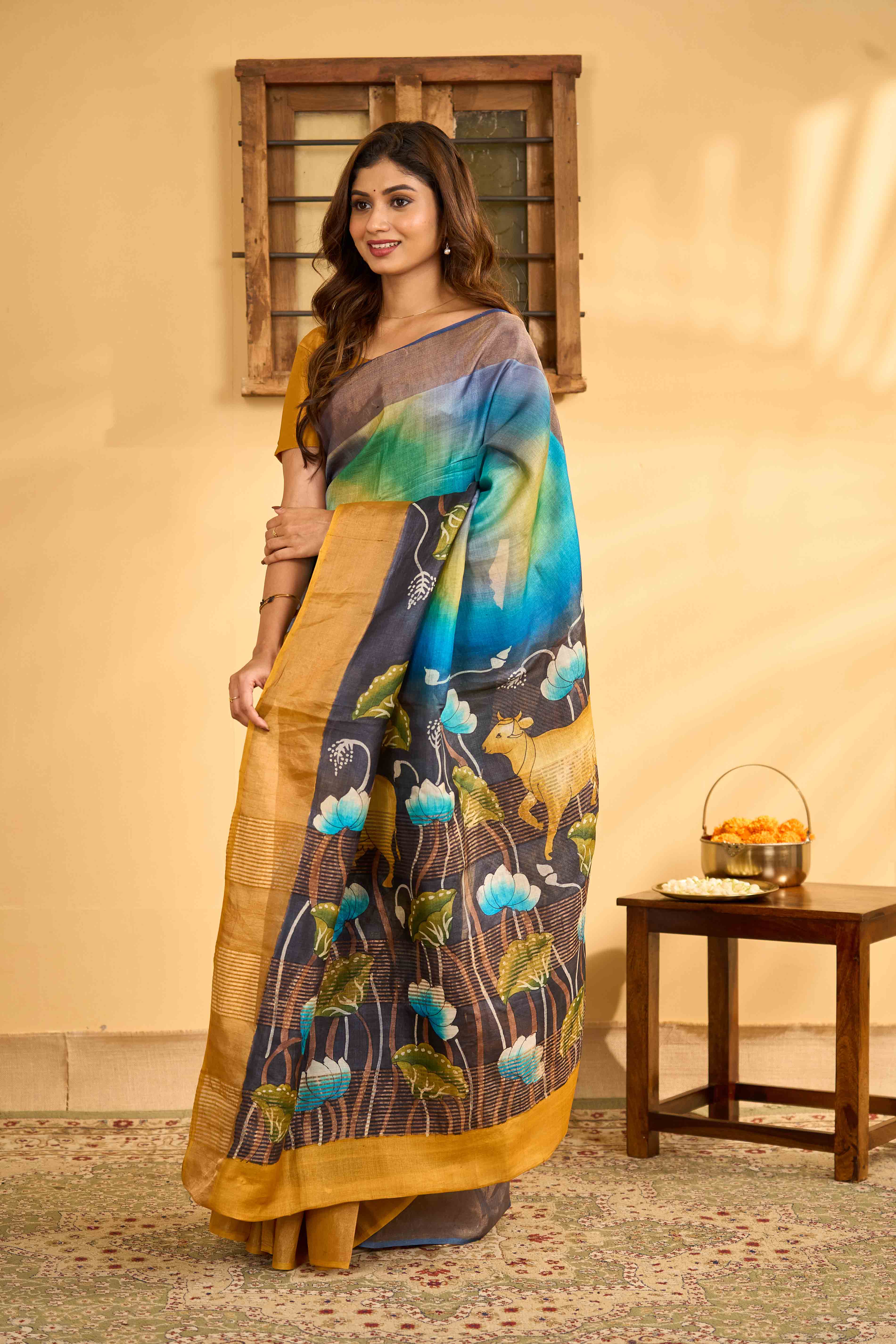 Tussar Silk Printed Pure Saree in Blue & Green Ombre with Golden Border and Nature-Inspired Motifs - Image 6