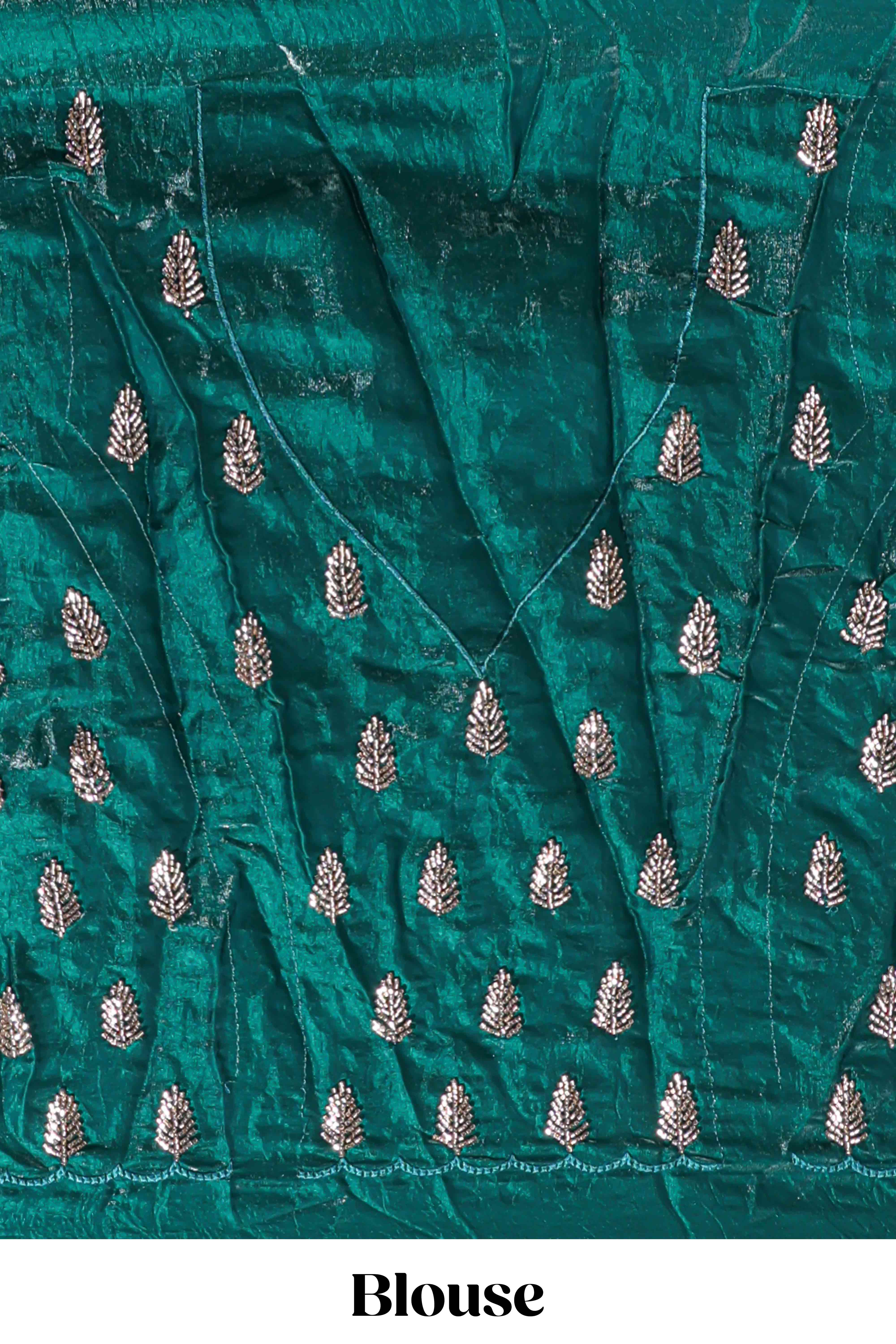 Bottle green saree with elegant golden floral embroidery and a rich embellished border along with matching blouse - Image 5