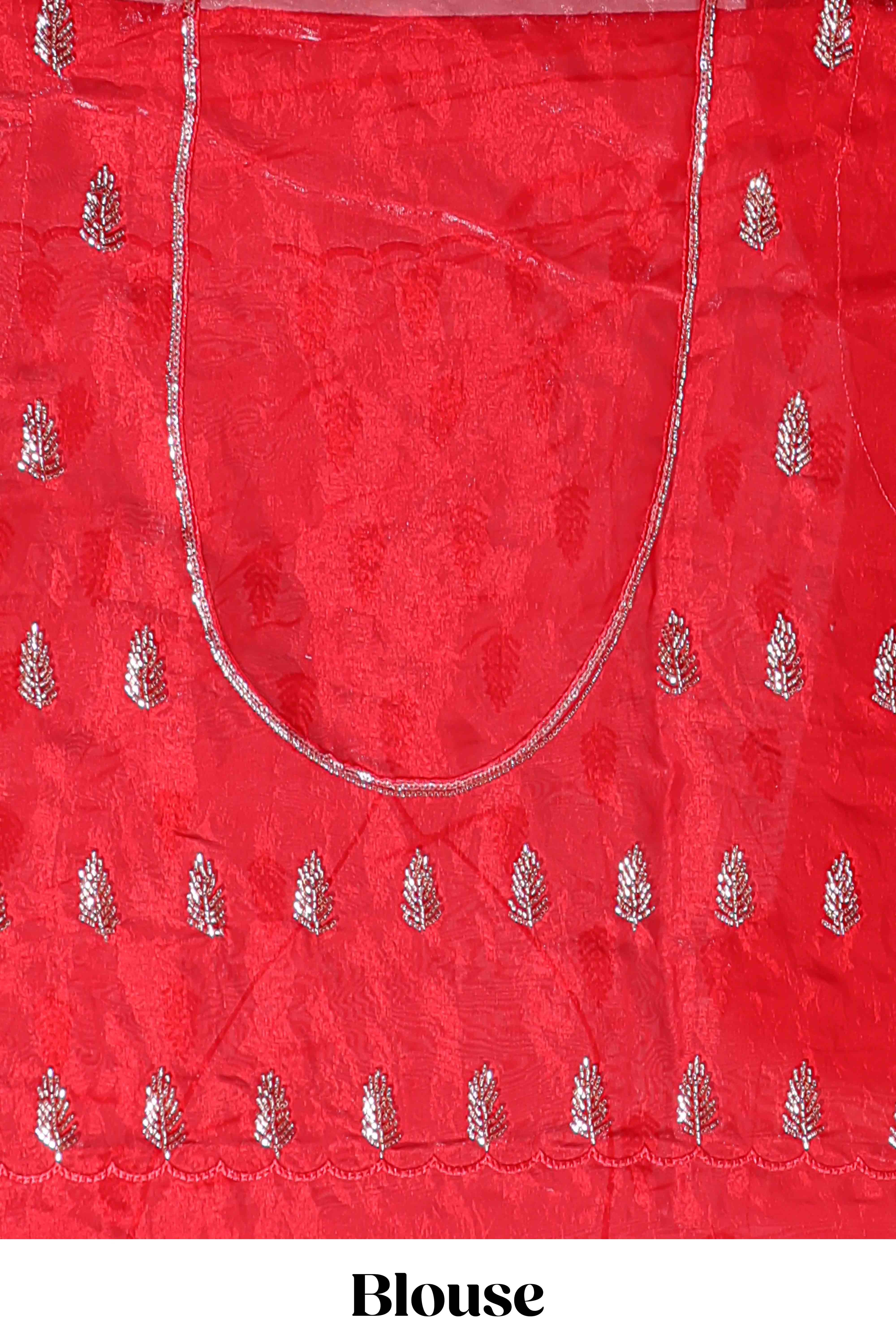 Bright red saree with elegant golden floral embroidery and a rich embellished border along with matching blouse - Image 5