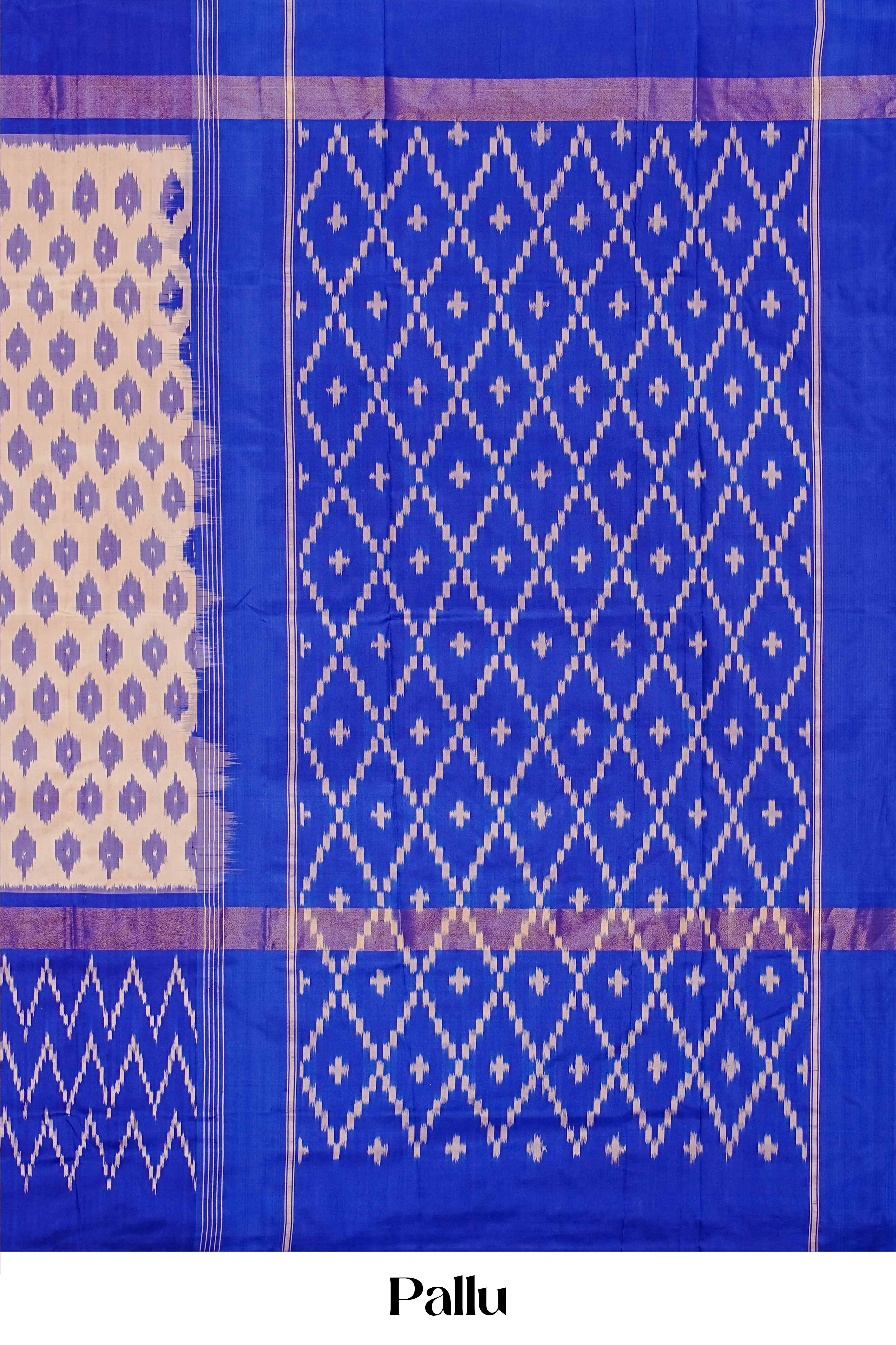 Handwoven Royal Blue & White Pure Ikkat Silk Saree with Geometric Motifs and Bold Contrast Border - Image 4