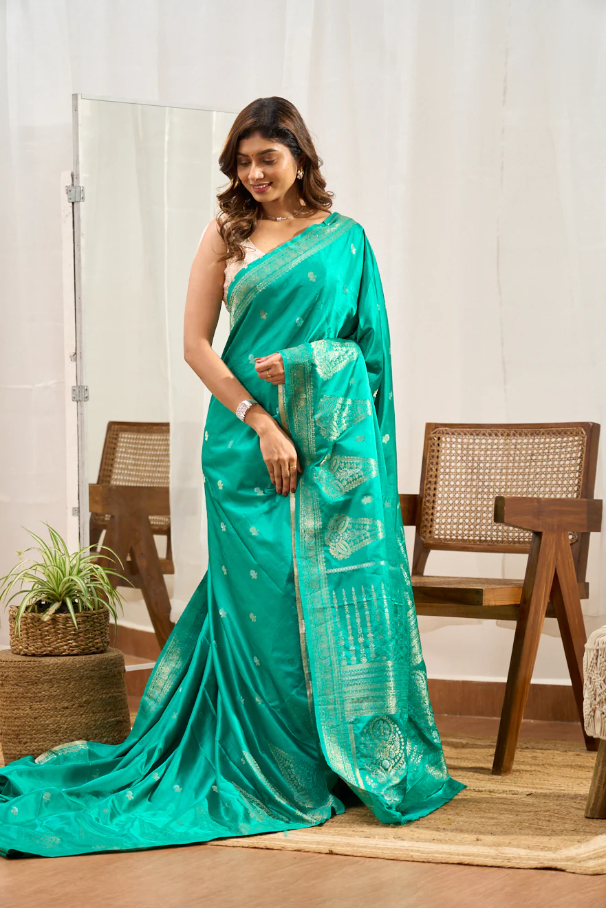Green Art Silk Saree Gold Zari Butta Across The Body With Floral Design Pallu - Image 4