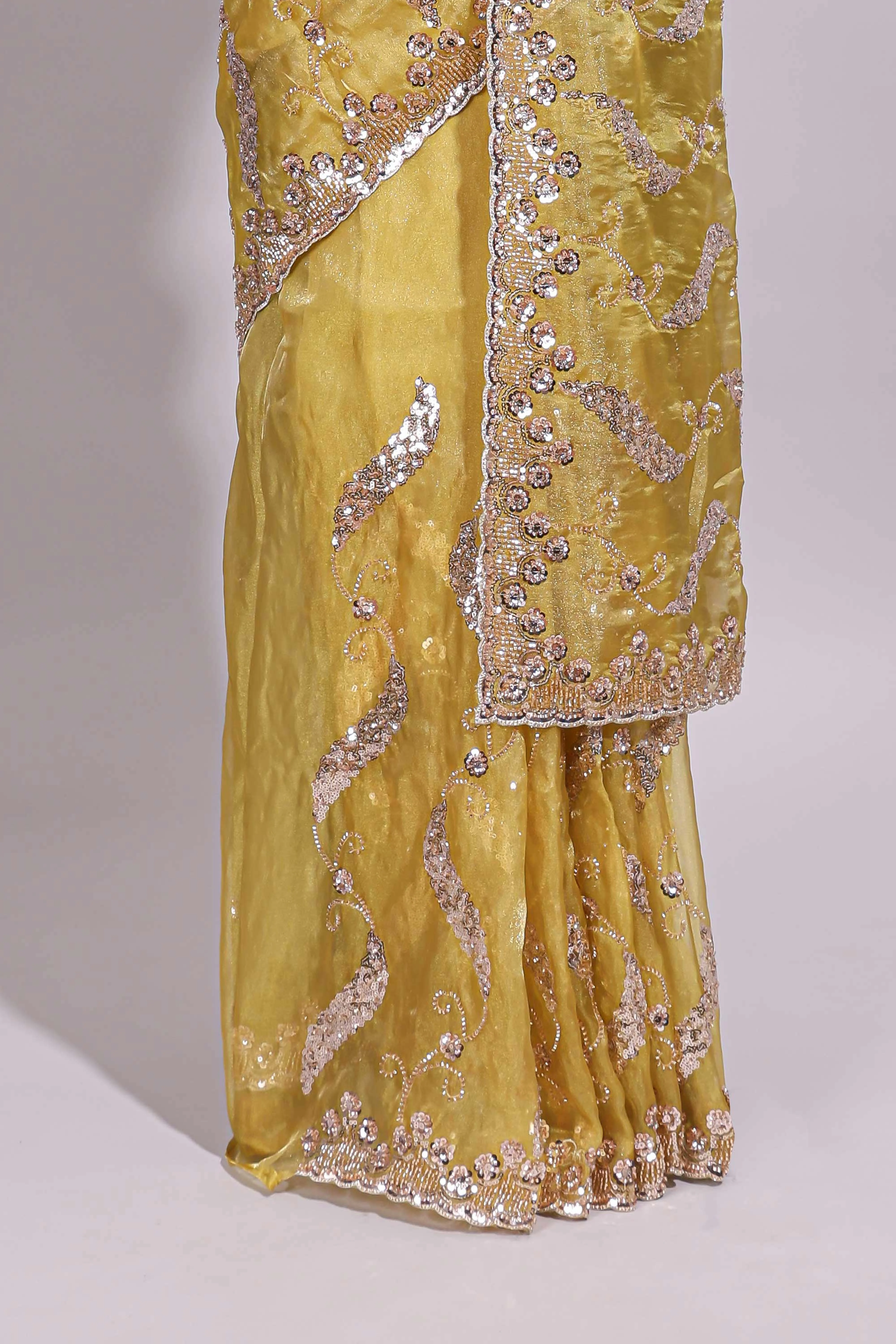 Lemon yellow saree with silver sequin abstract embroidery floral motifs and a shimmering embellished border along with matching blouse - Image 4