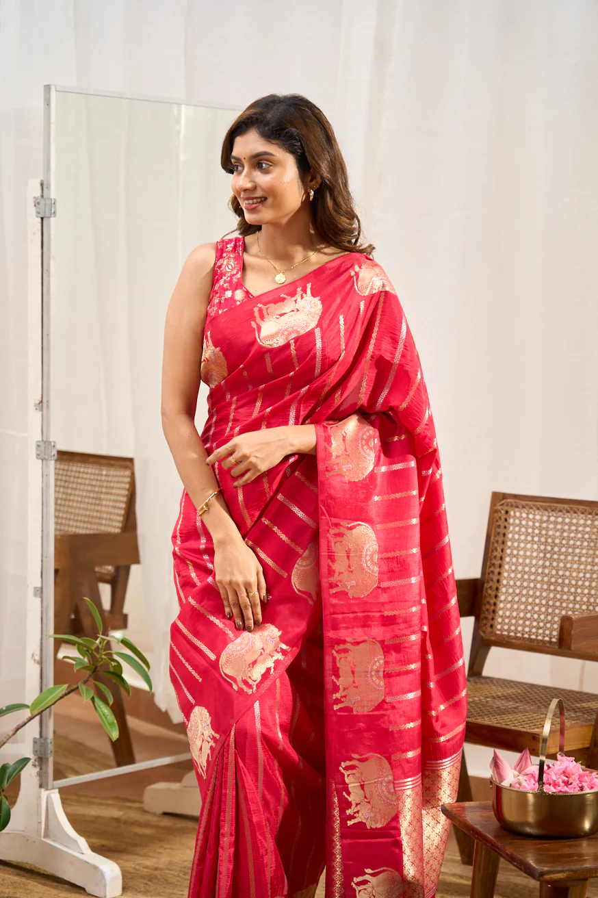Mushru Silk Gold Zari Stripes Designs Across The Body Along With Blouse - Image 3