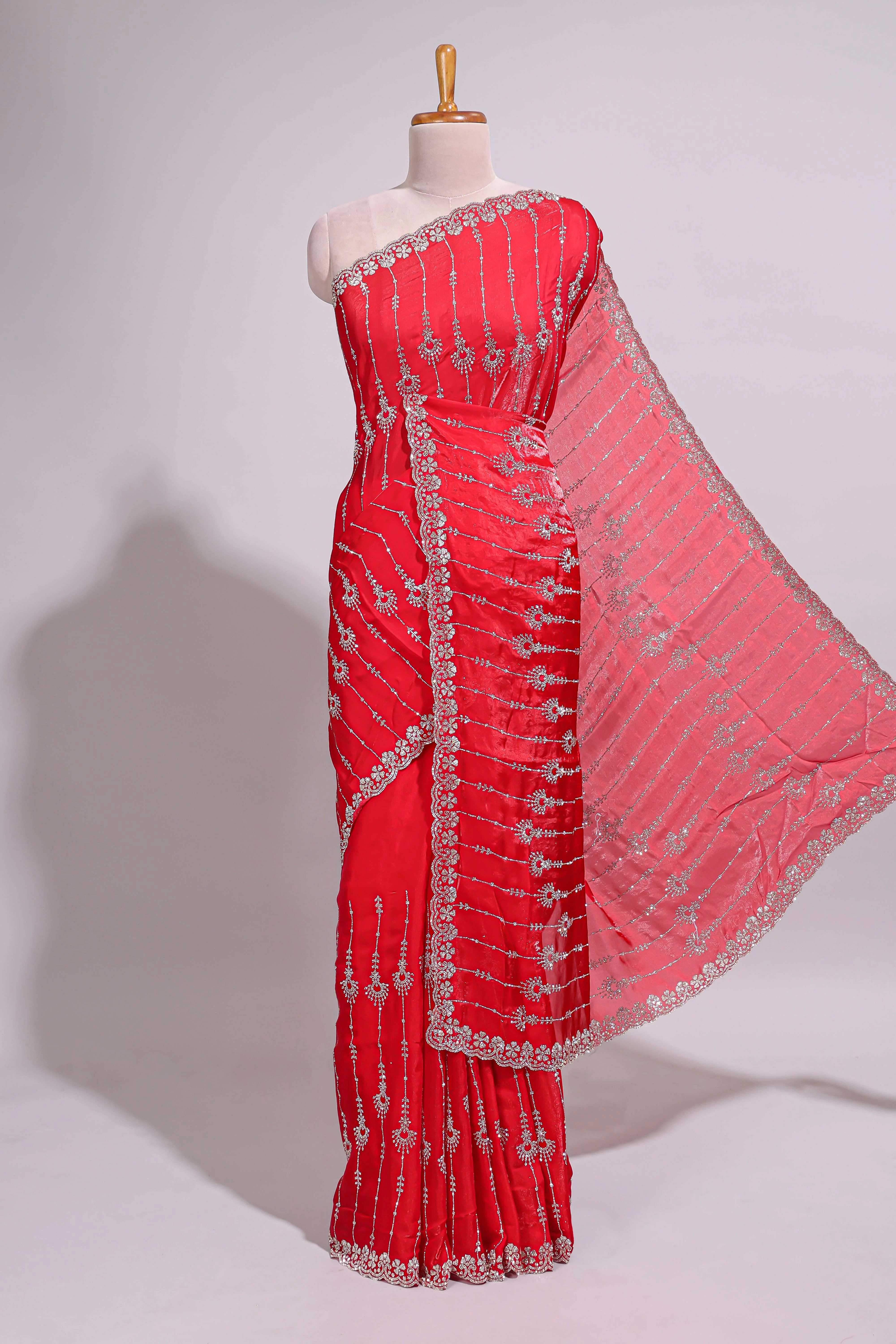 Red saree with silver vertical sequin lines floral motifs embellished border and matching pallu detailing along with matching blouse - Image 2