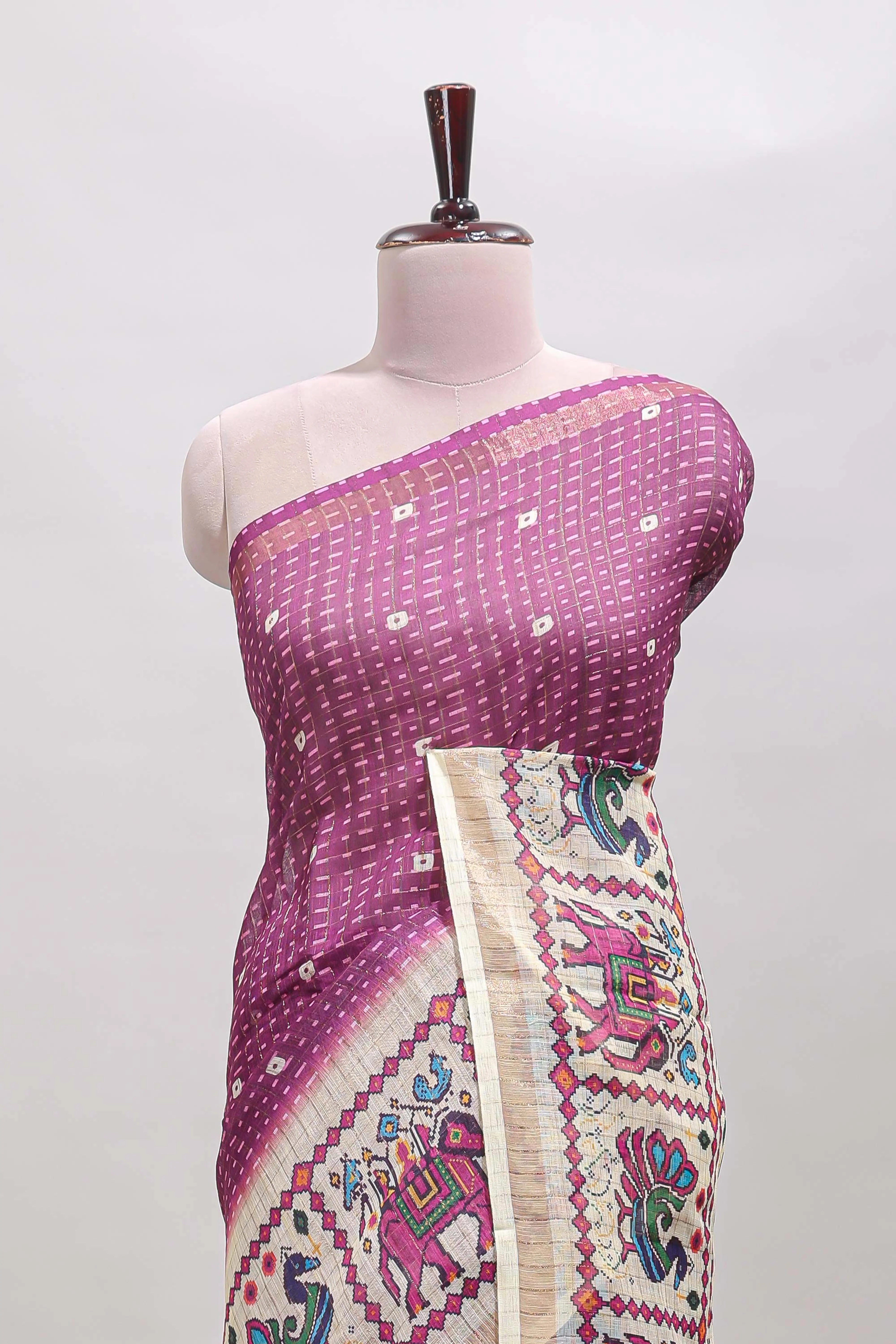 Purple checked geometric motifs linen cotton saree with contrast ikkat style border and blouse - Image 3