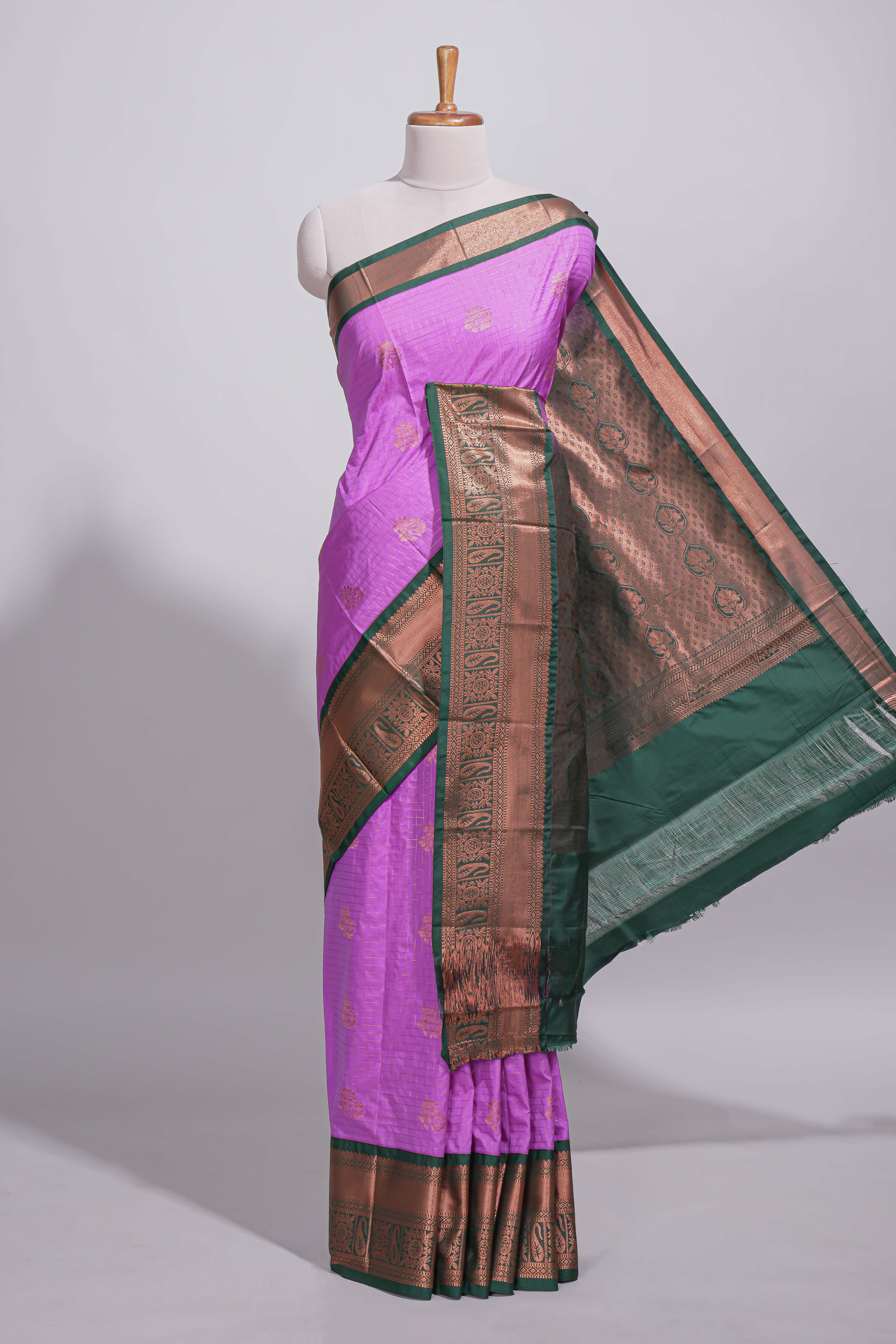 Purple colour kotta cotton saree with copper zari floral buttas a rich zari border and woven zari pallu with matching blouse piece - Image 2