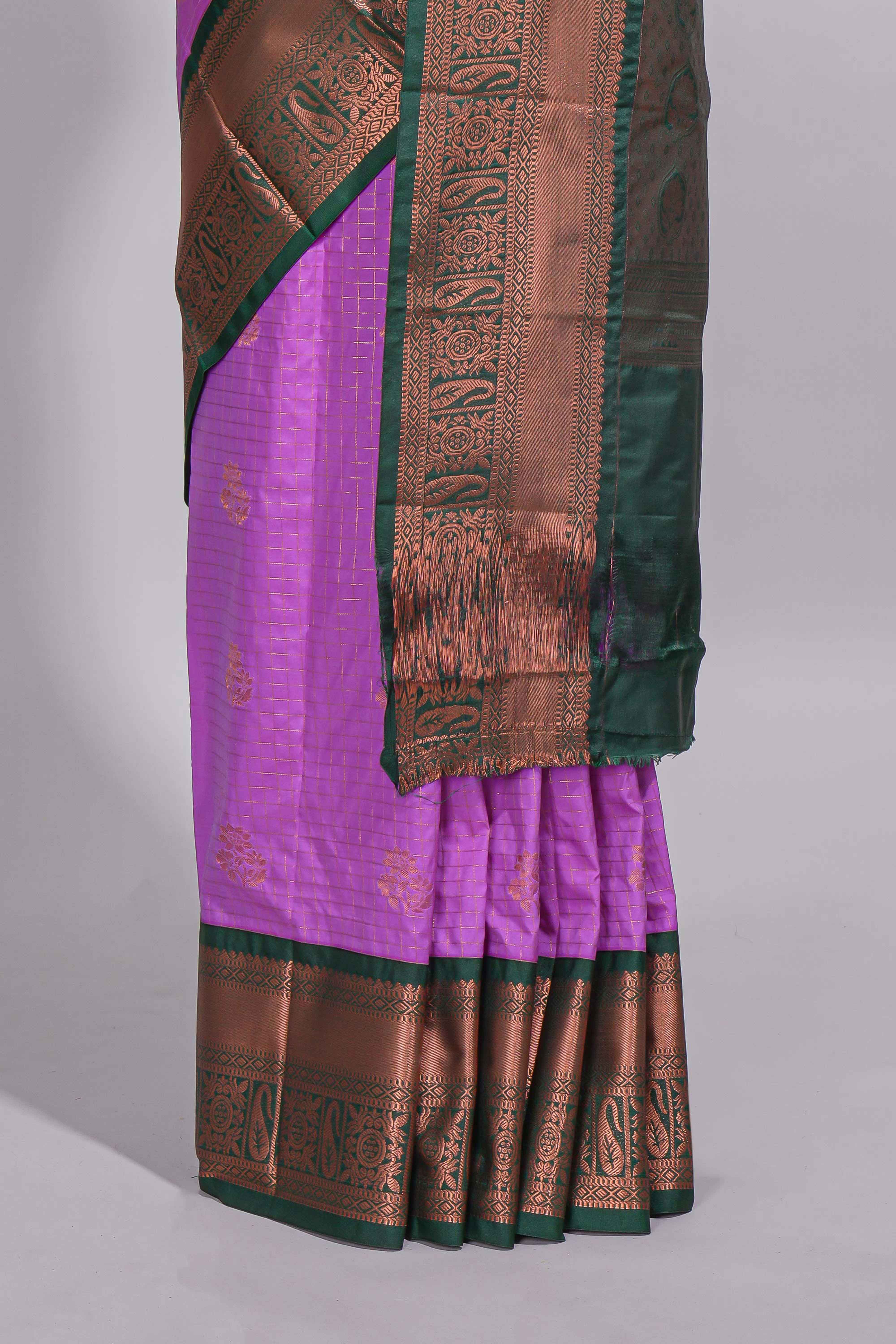 Purple colour kotta cotton saree with copper zari floral buttas a rich zari border and woven zari pallu with matching blouse piece - Image 4