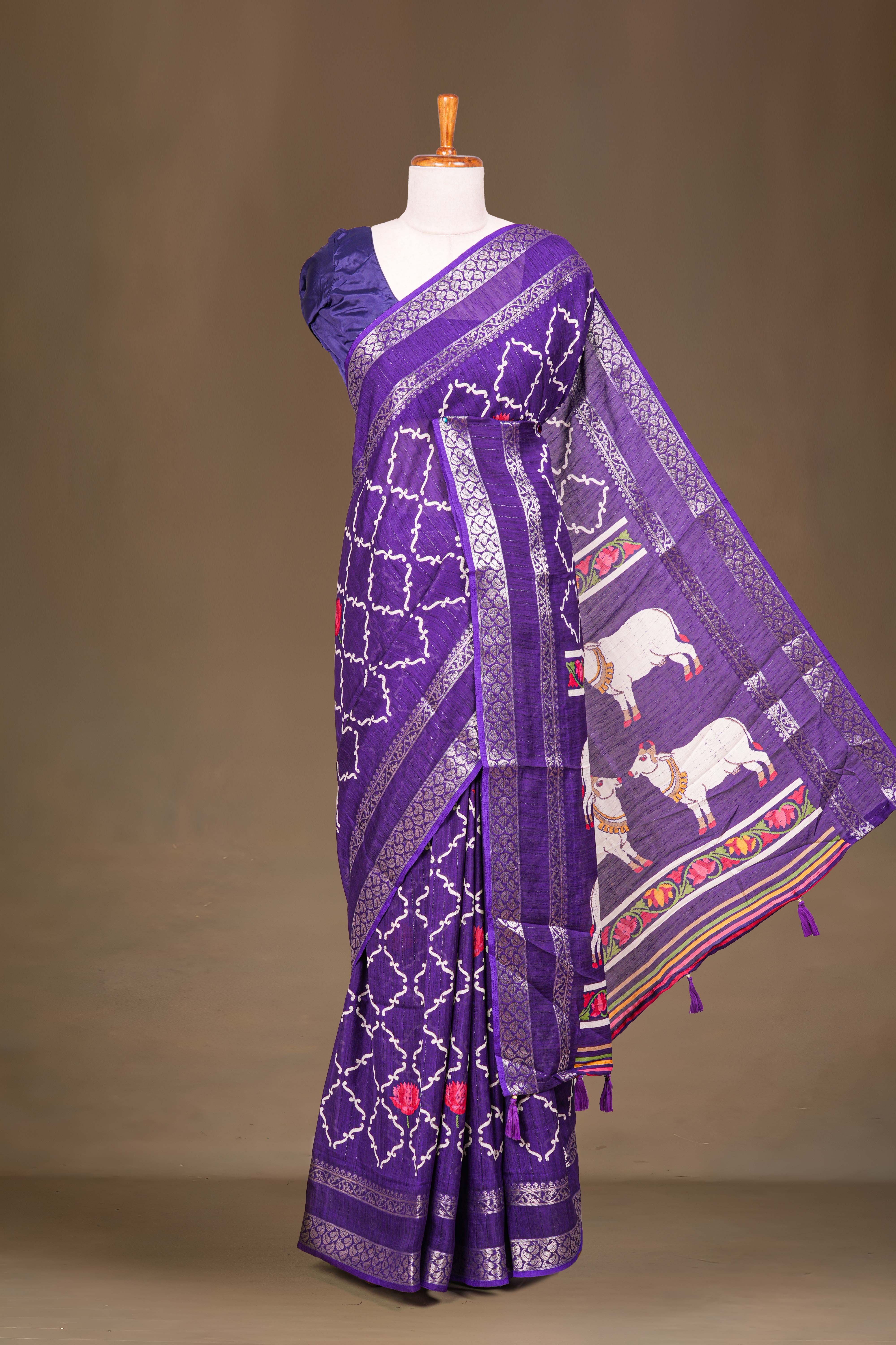 Purple Dola Silk Saree Jaali Design ,Pink Lotus Motifs Across The Body With Gold Zari Bentex Border Pichwai Design Pallu Along With Blouse