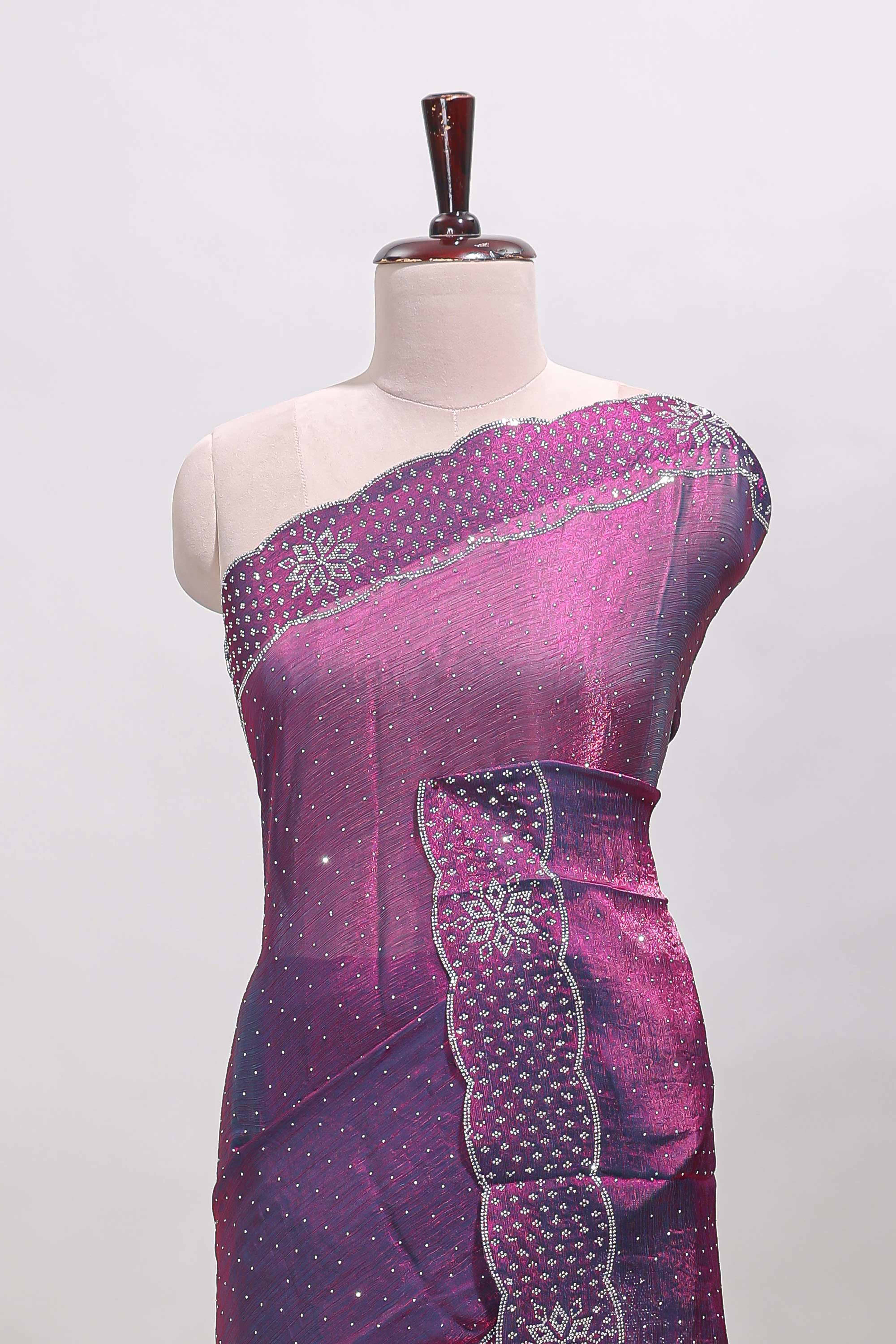 Purple dotted stone work designer saree with self floral design scallop border and matching blouse - Image 3