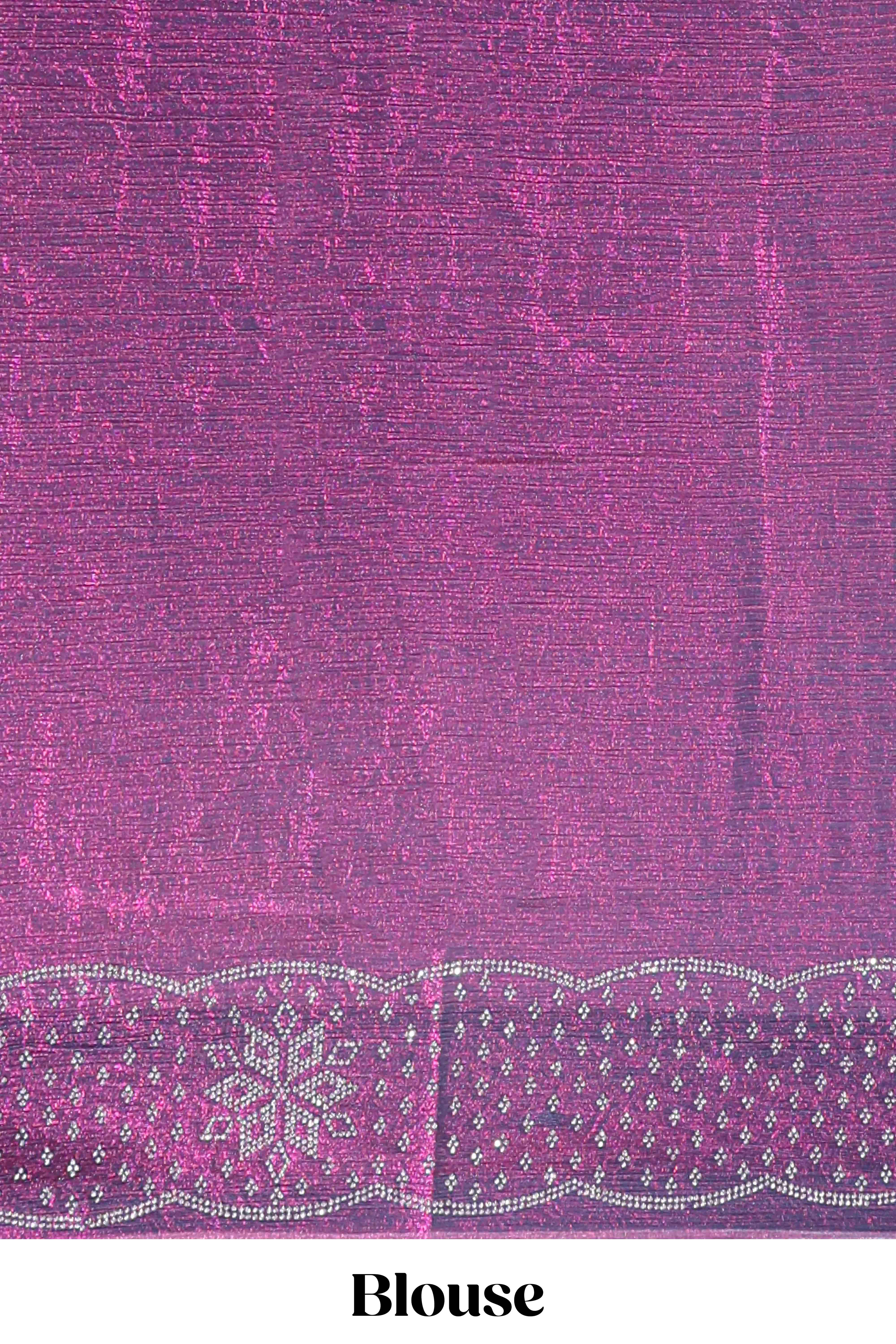 Purple dotted stone work designer saree with self floral design scallop border and matching blouse - Image 5