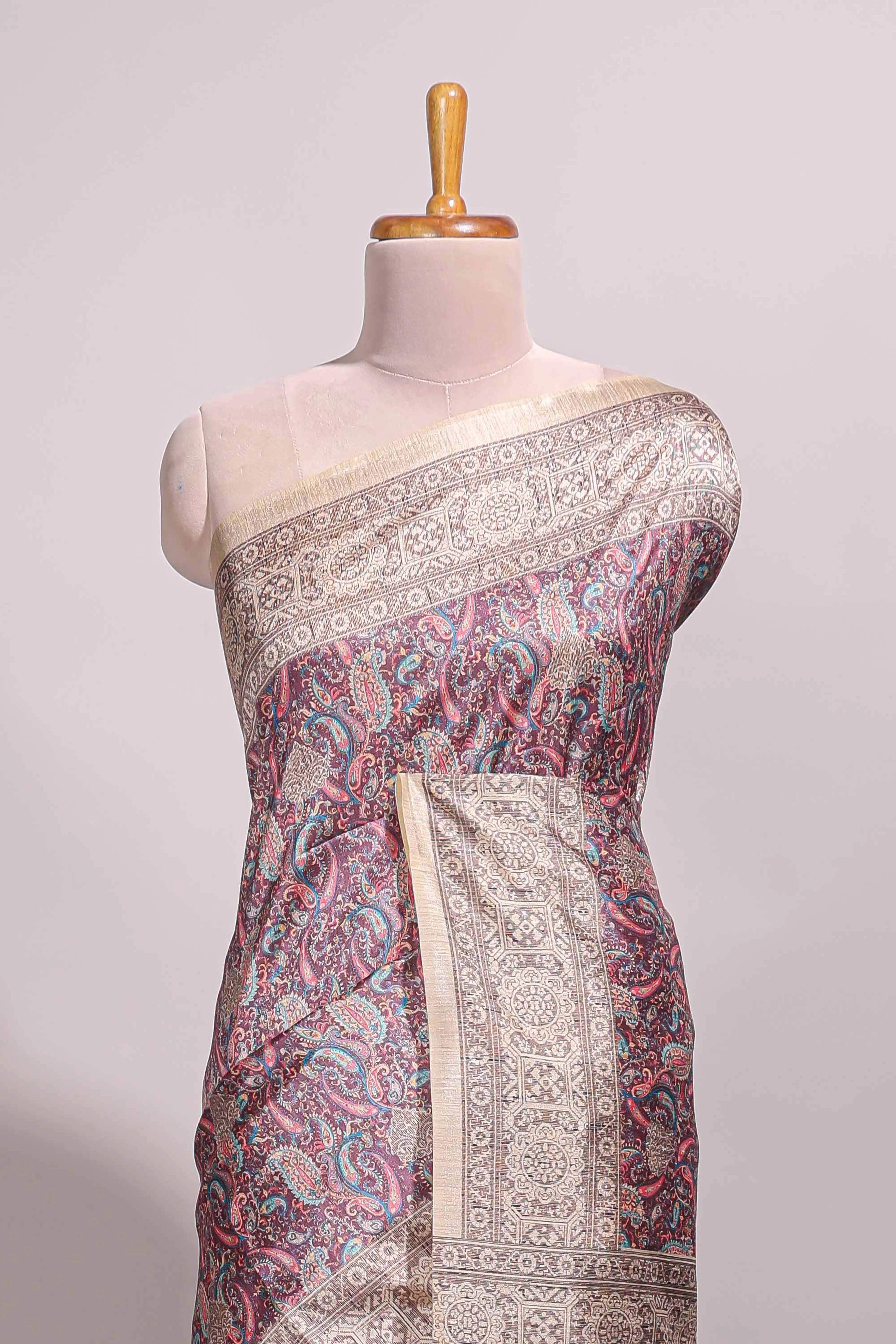 Purple floral design semi tussar saree with contrast border and floral printed blouse - Image 3