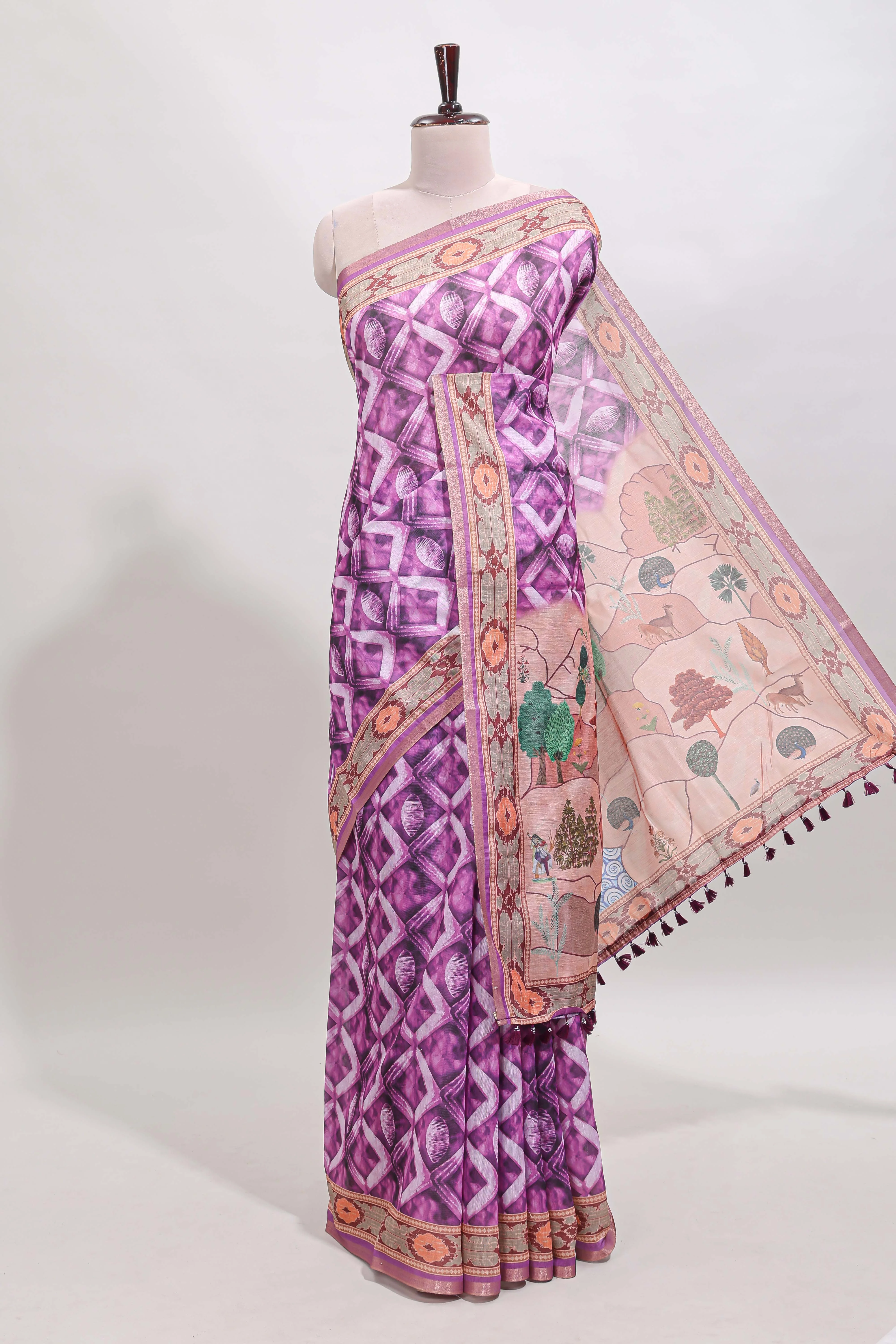Purple geometric digital print linen cotton saree with self zari border and matching blouse