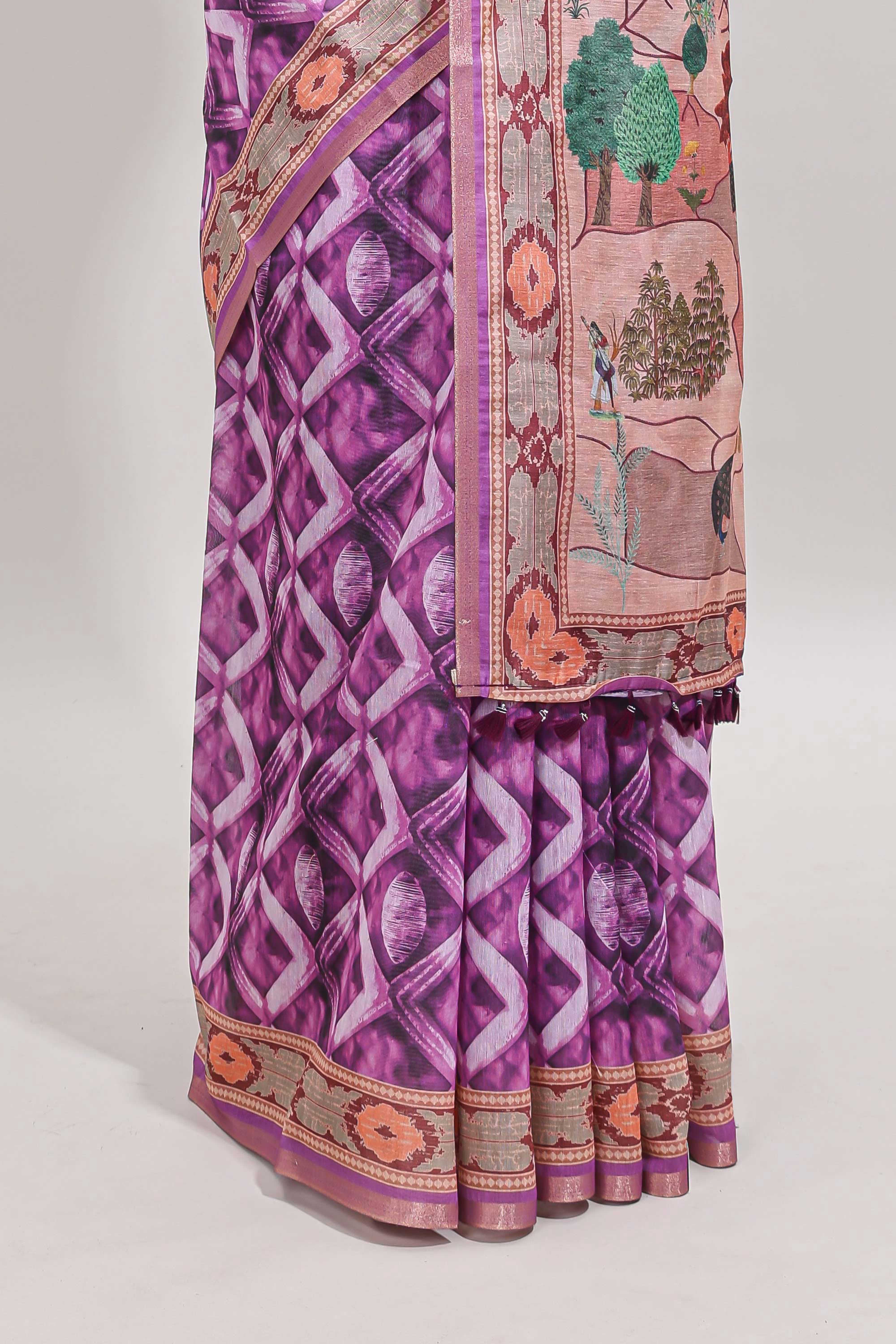 Purple geometric digital print linen cotton saree with self zari border and matching blouse - Image 4