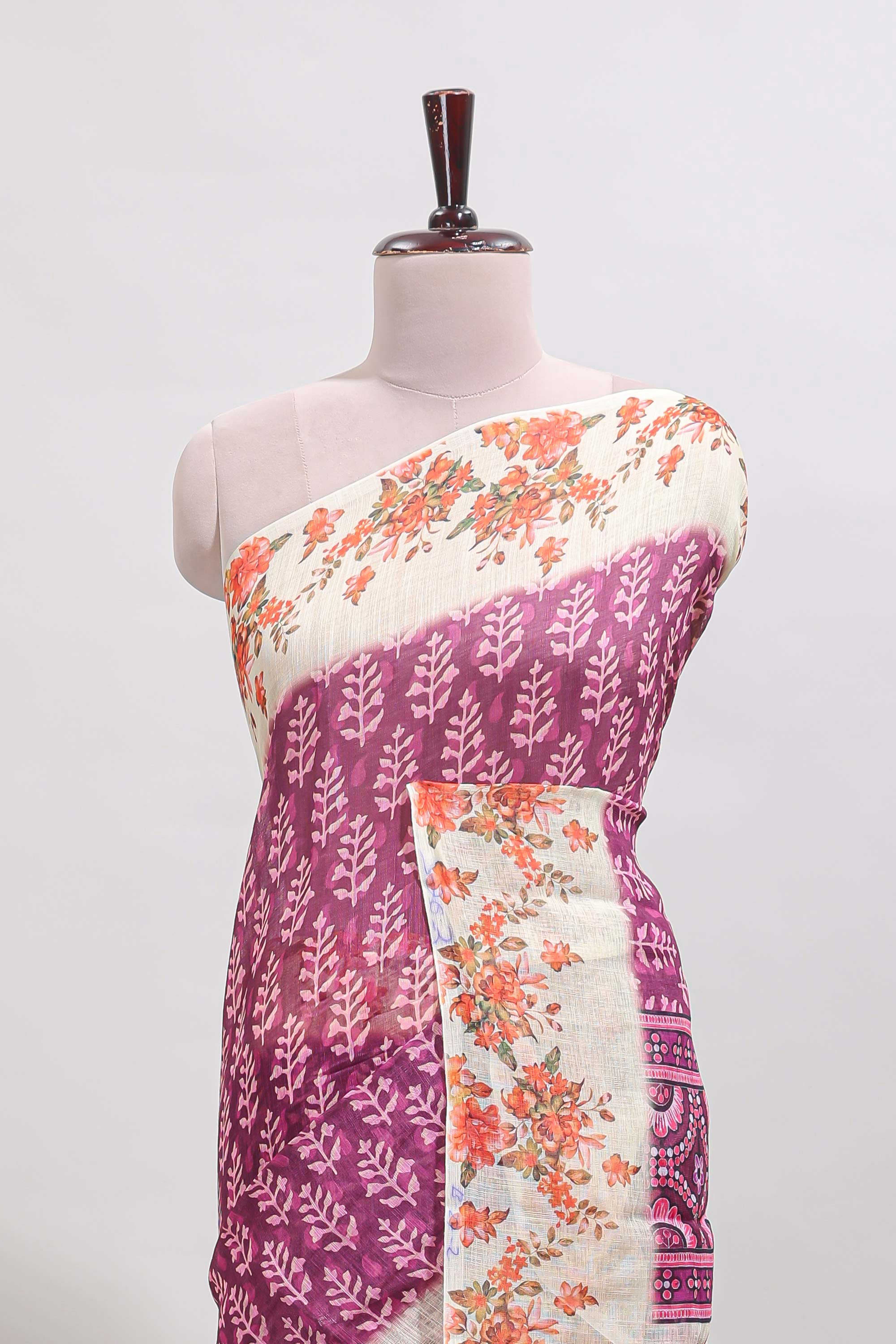 Purple leaf design linen cotton saree with contrast floral design border and matching blouse - Image 3