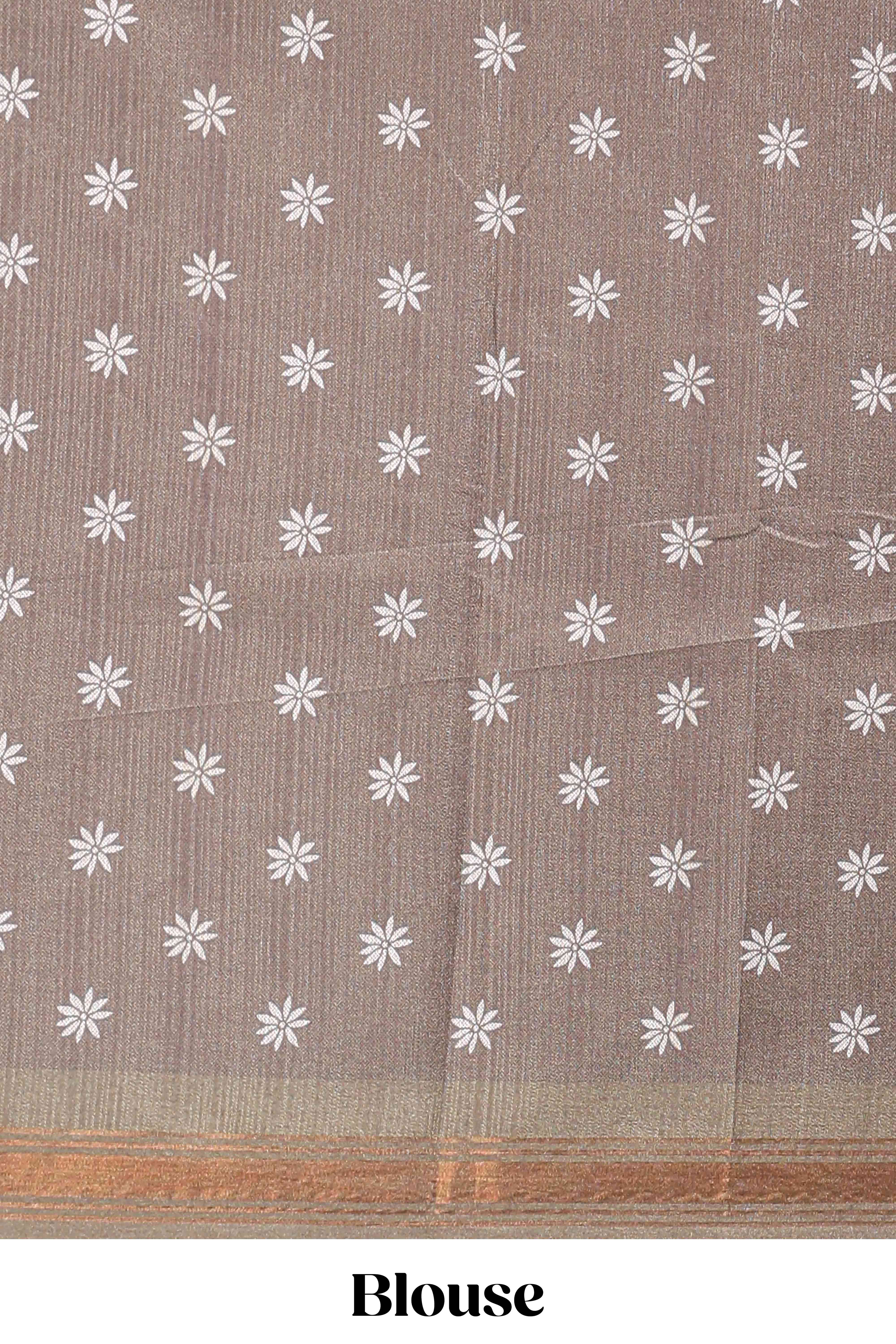 Purple leaf print semi tussar saree with contrast border and geometric pallu - Image 5
