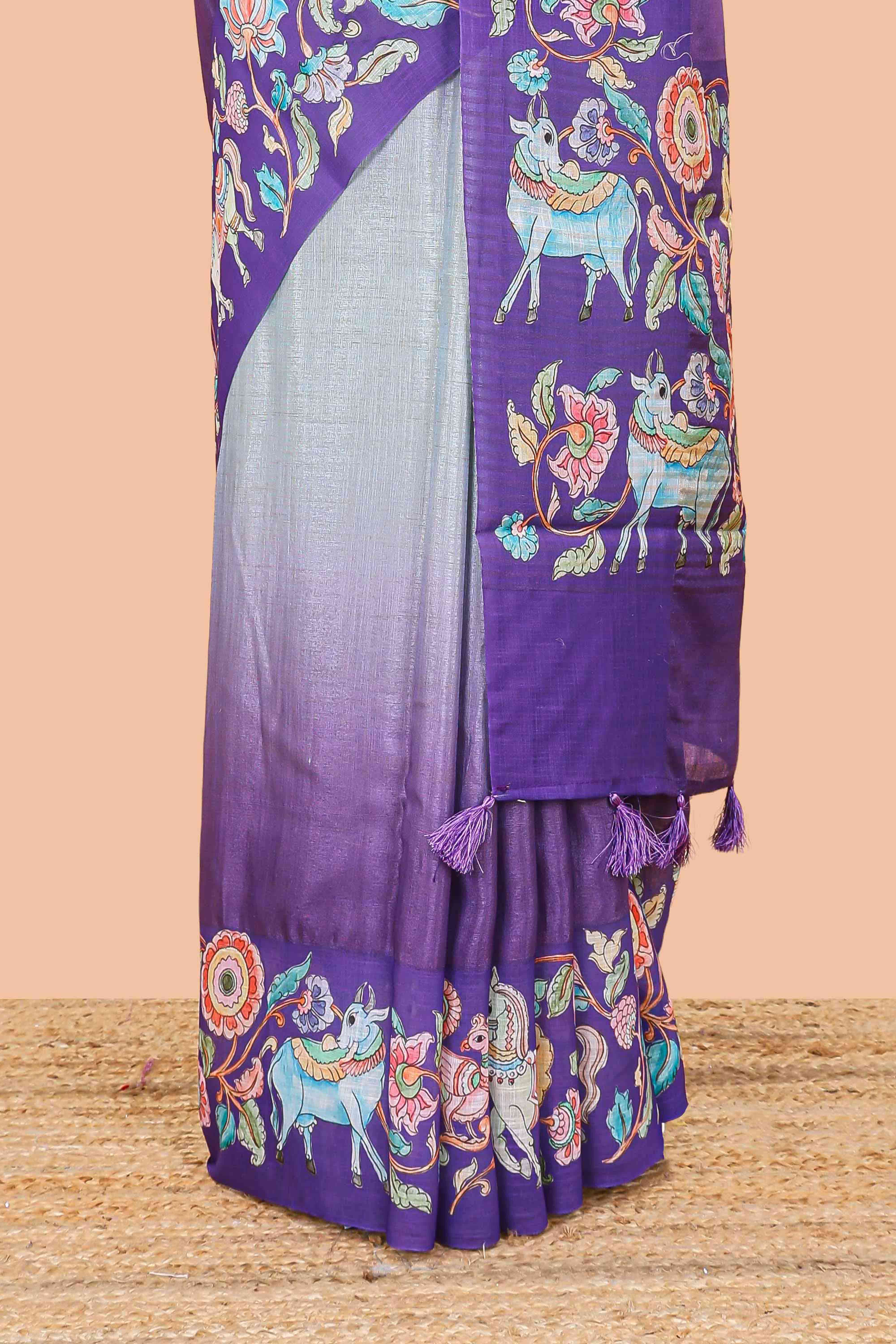 Purple linen tussar kalamkari style saree with animal floral border and pallu - Image 4