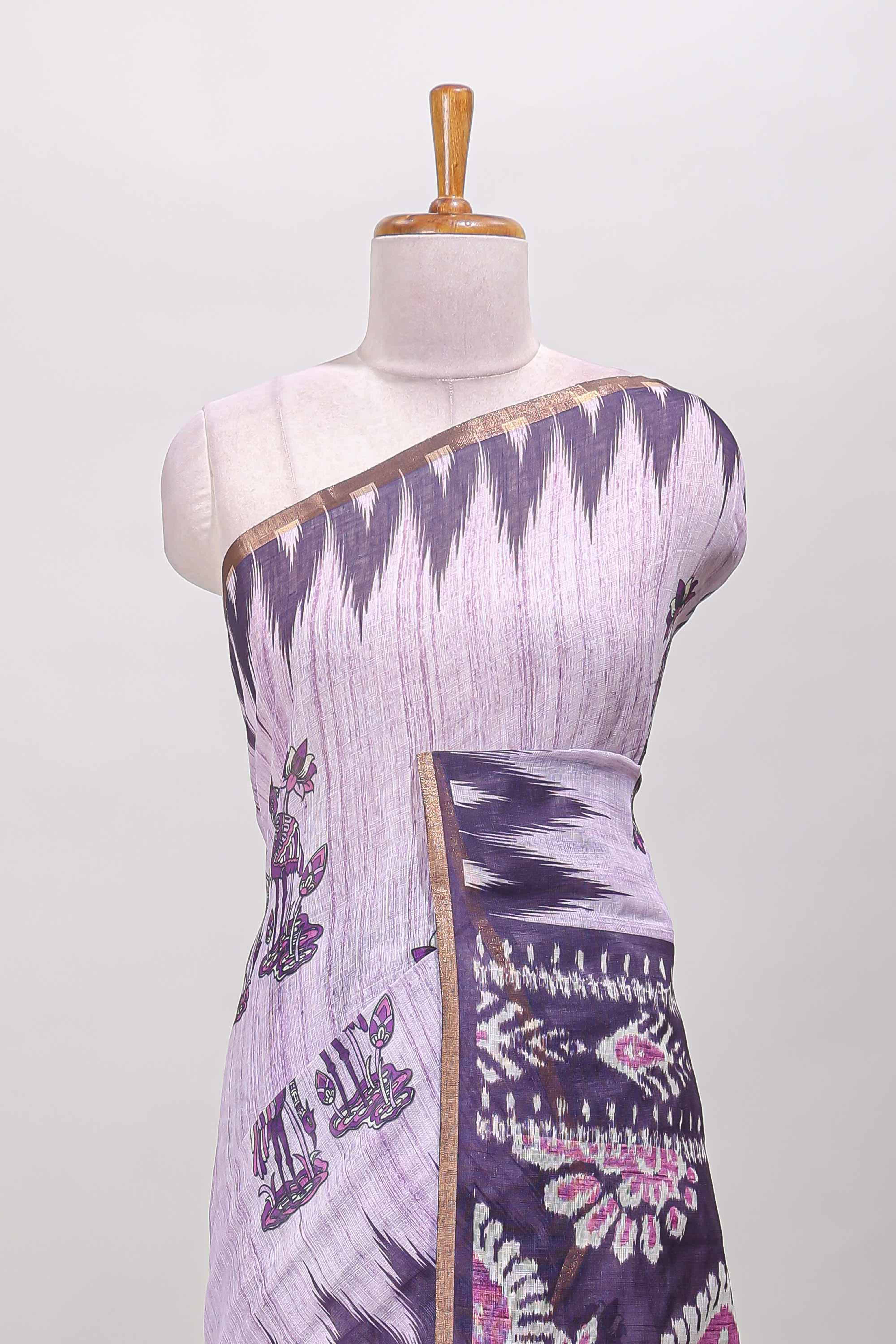 Purple lotus and crane birds motis linen cotton saree with ikkat style self zari border and pallu - Image 3