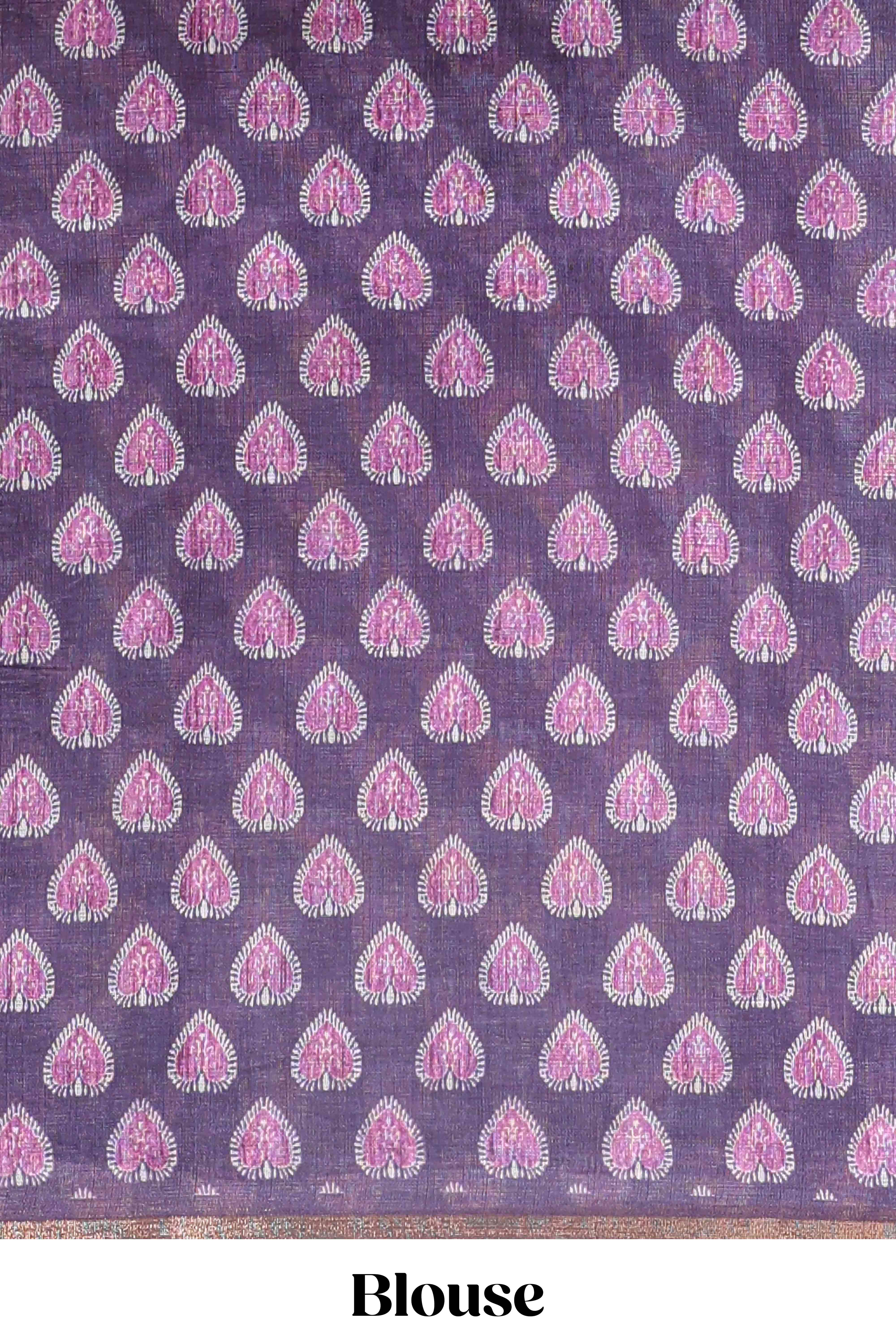 Purple lotus and crane birds motis linen cotton saree with ikkat style self zari border and pallu - Image 5