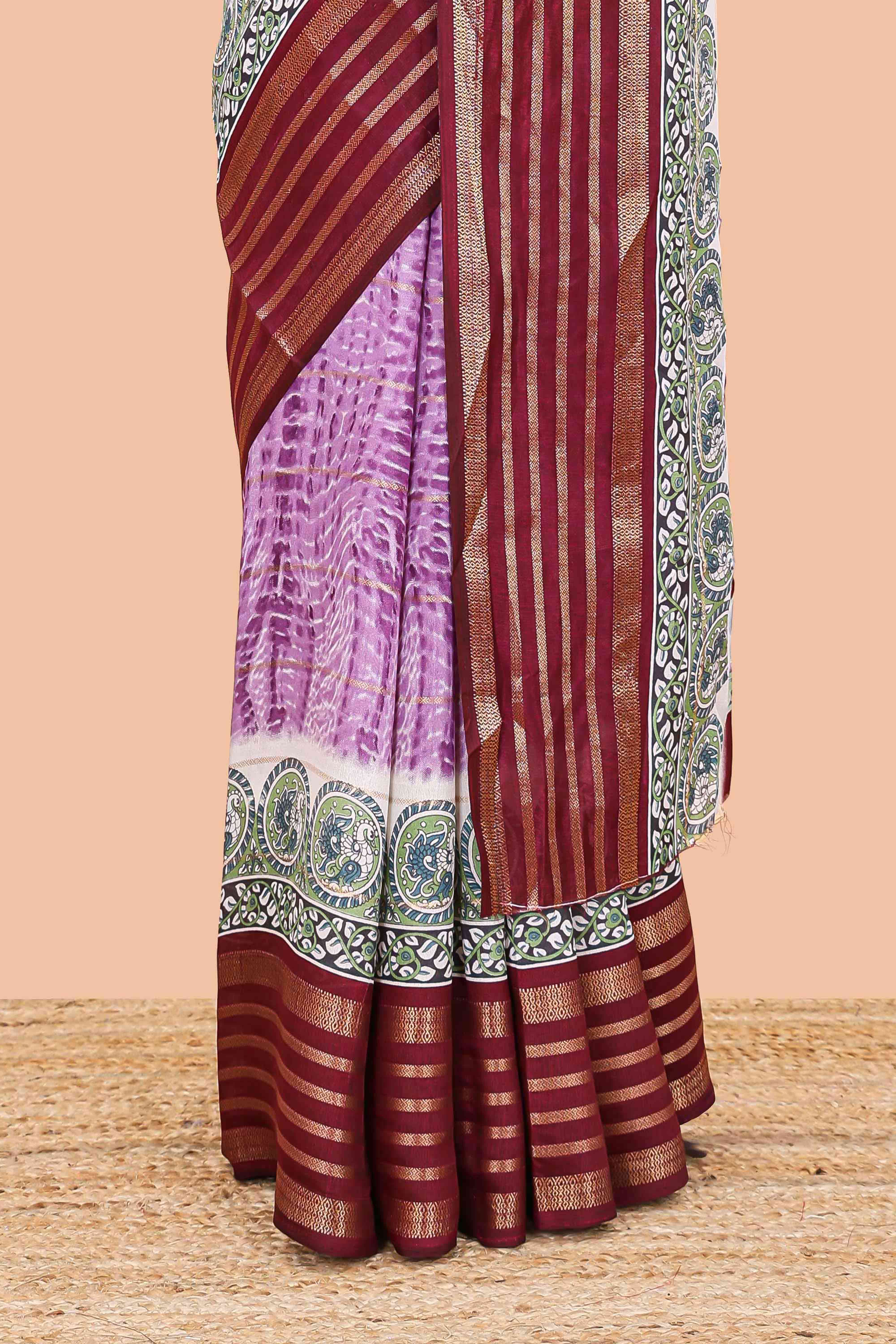 Purple marsh georgette saree with shibori print with gold zari stripes and contrast kalamkari style peacock pallu - Image 4