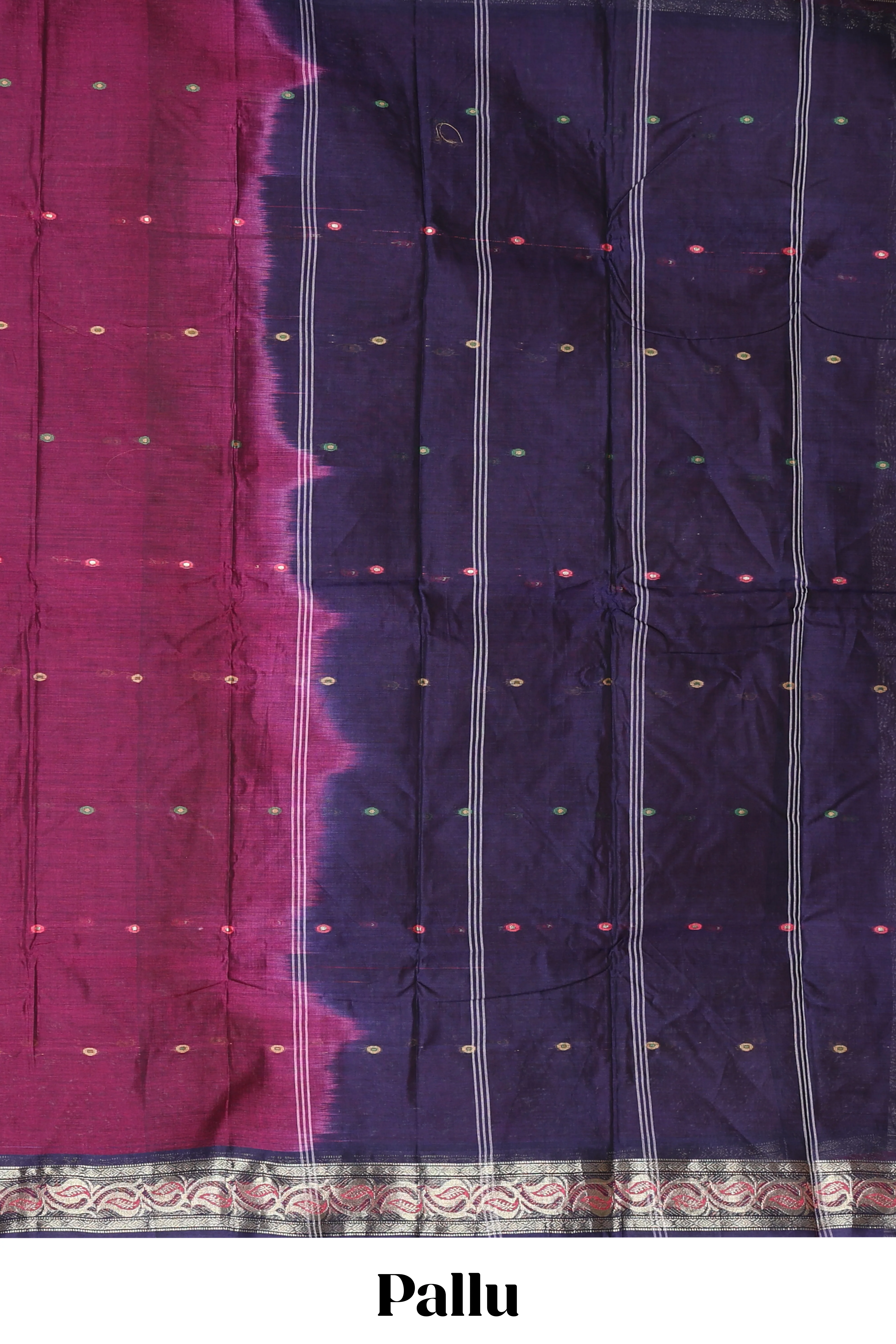 Purple small butta bengal cotton saree with contrast zari border and striped pallu - Image 2