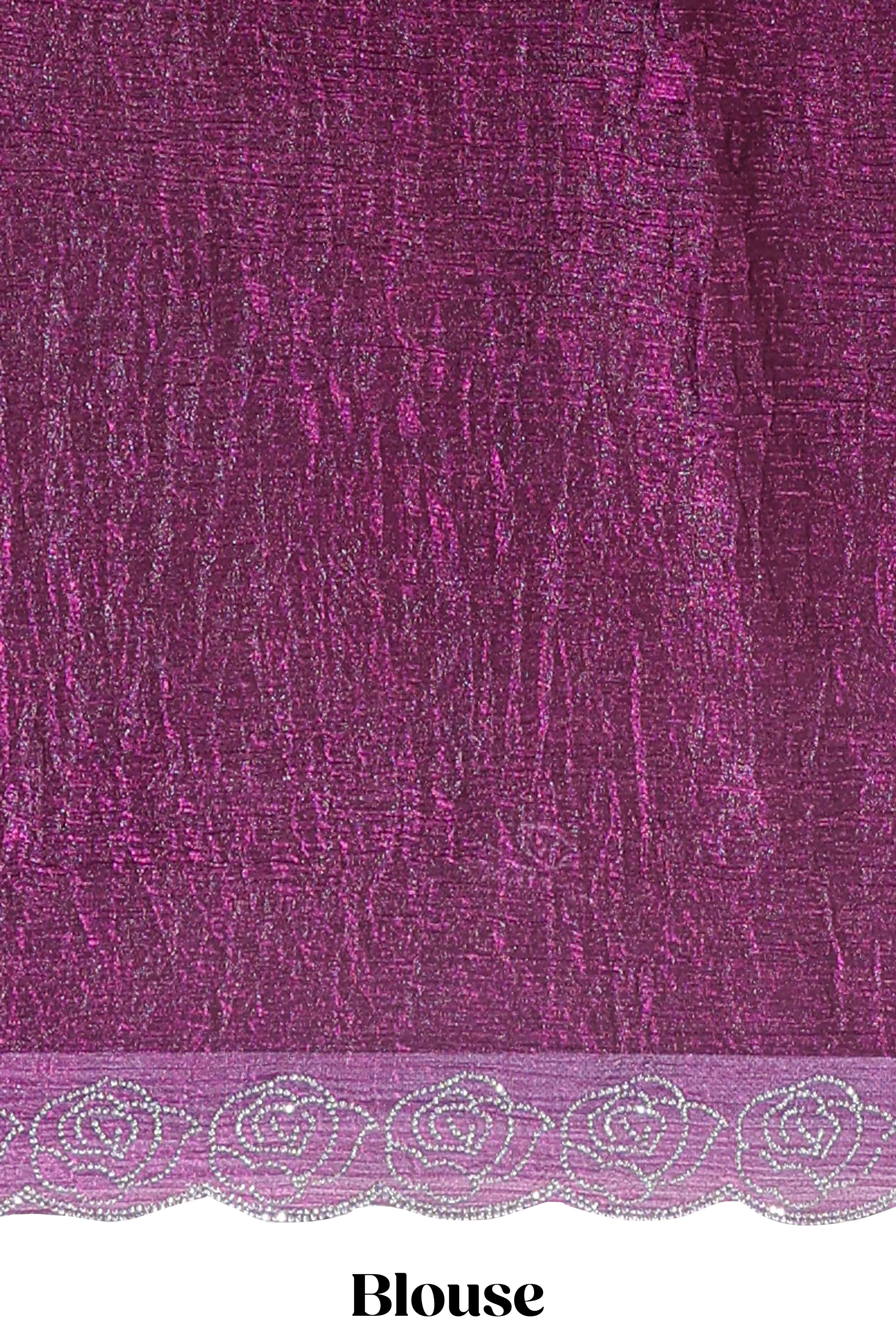 Purple stone work designer saree with self scallop design border and matching blouse - Image 5