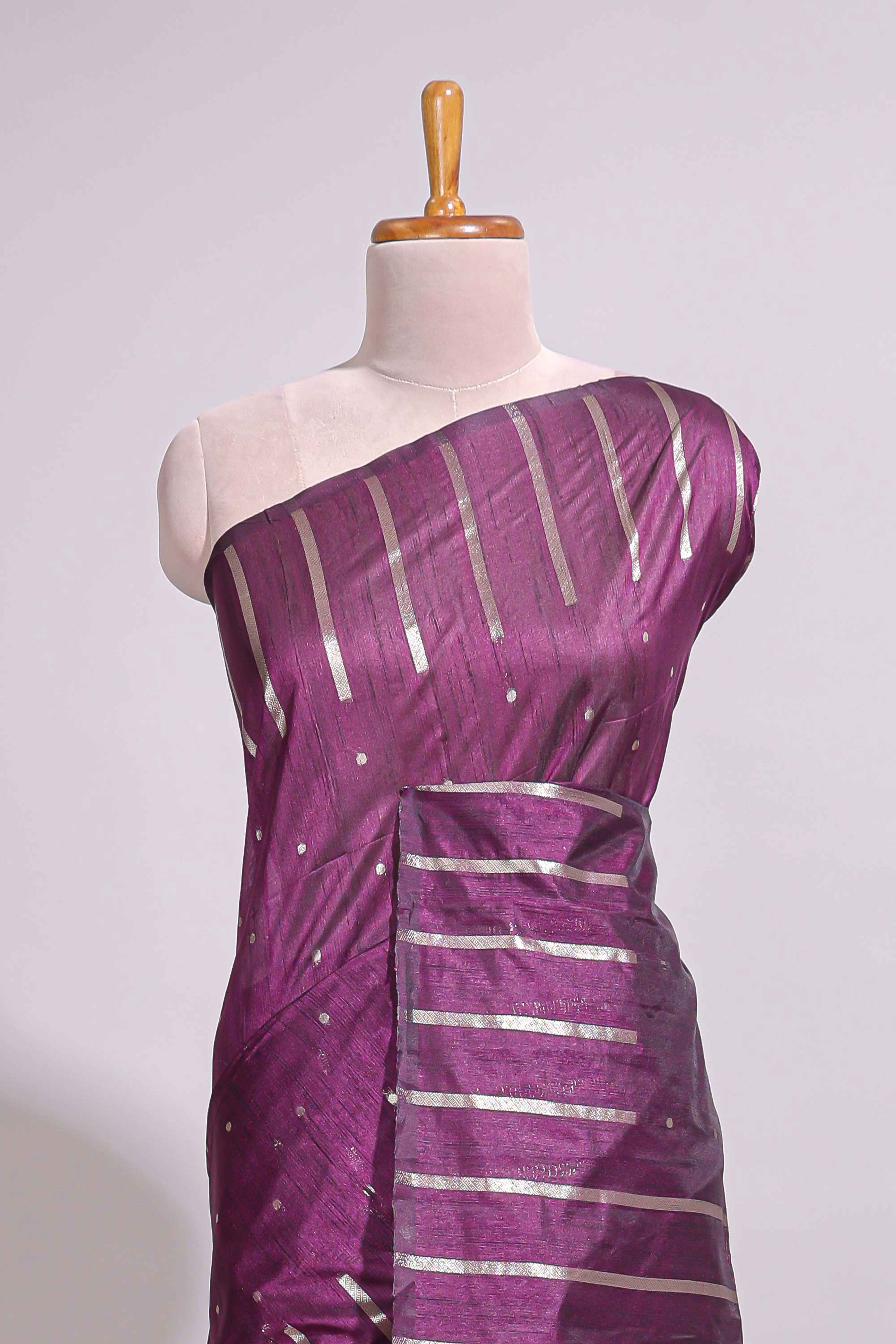 Purple zari butta art tusser saree with self border and striped blouse - Image 3