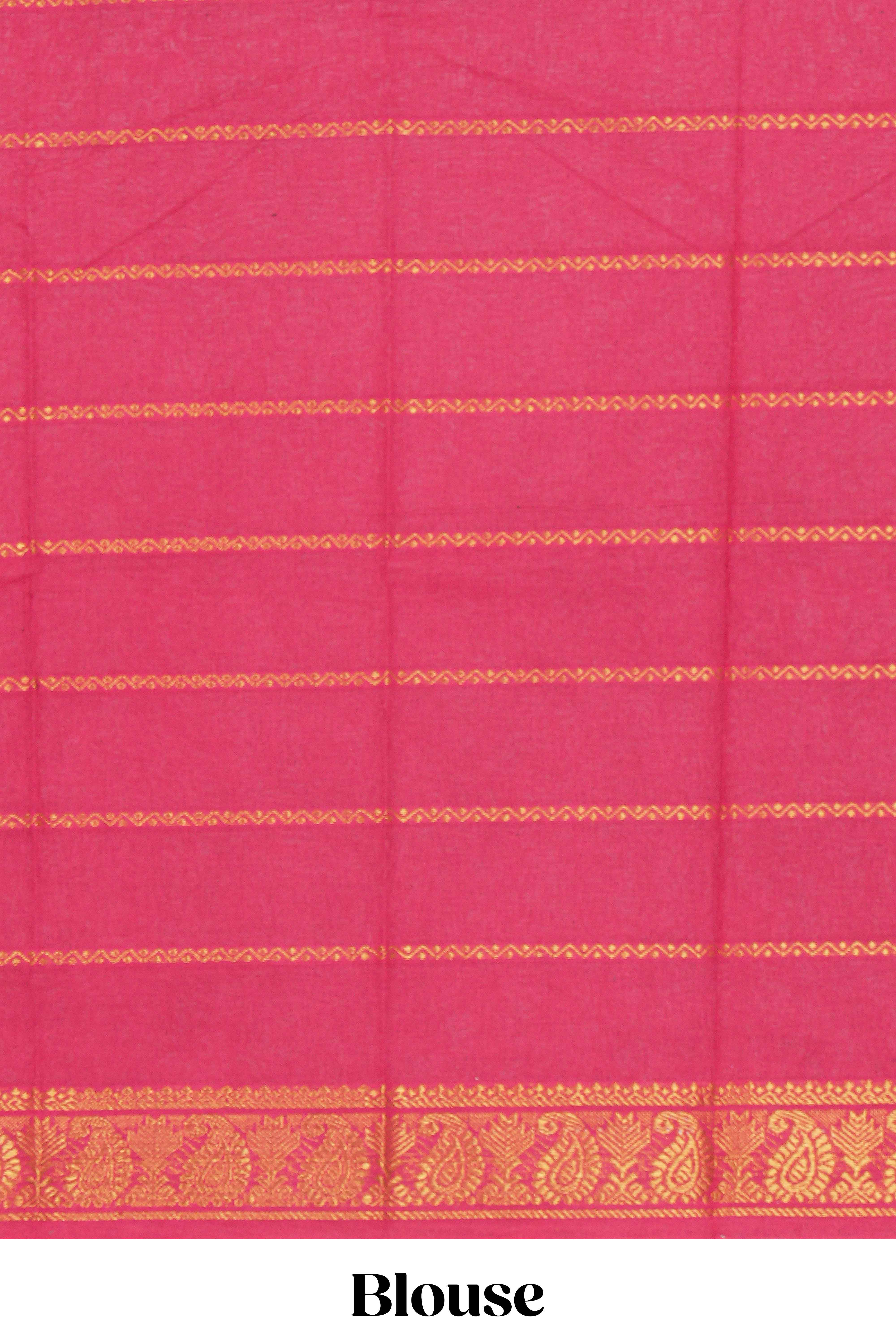 Rama green Sungudi cotton saree with gold zari stripe motifs a contrasting zari border checked pallu and contrast blouse - Image 3