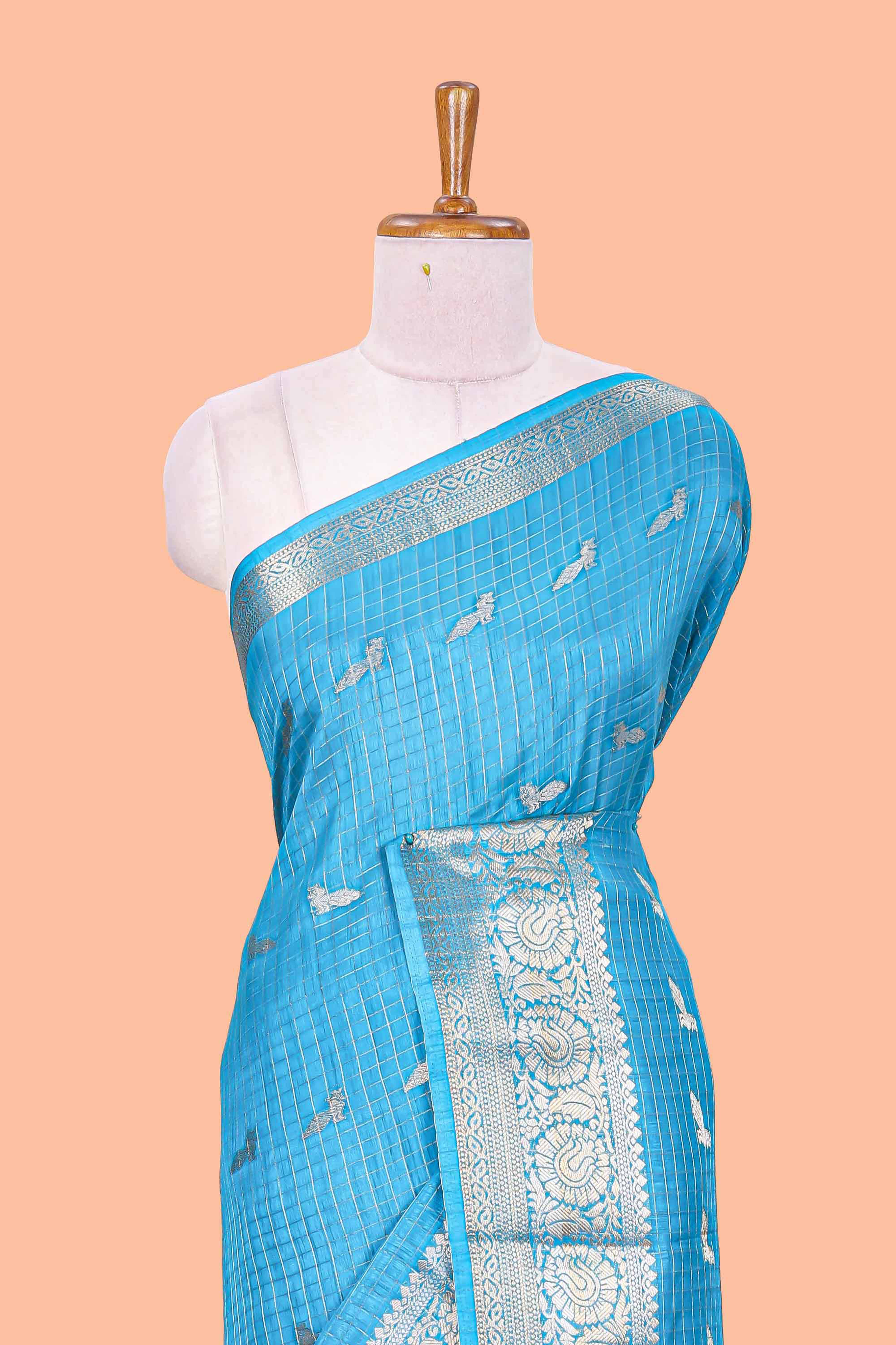 Ramar blue checked peacock zari butta art raw silk saree with zari border and matching blouse - Image 3