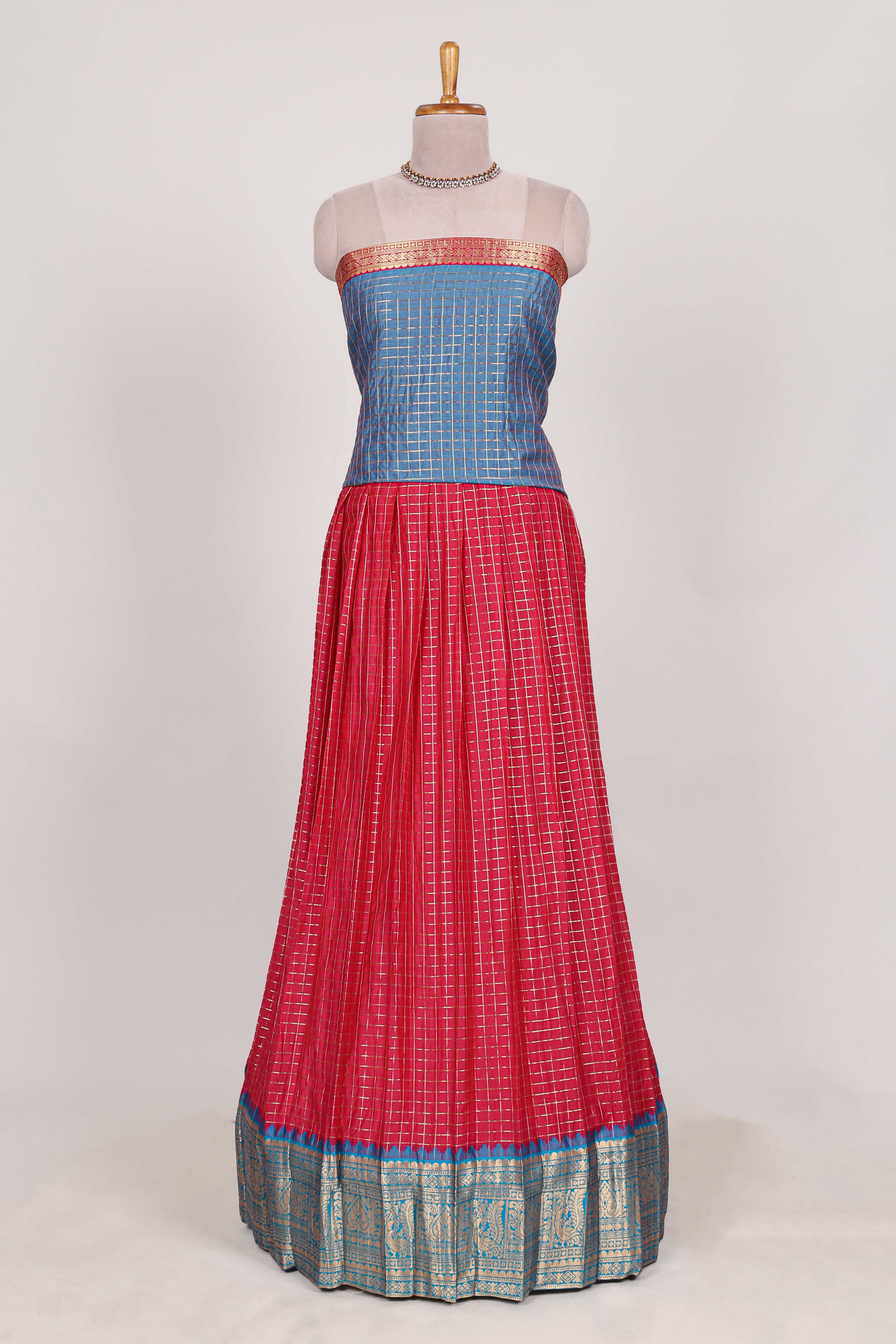 Rani pink and Blue Chettinad Art Cotton Half Saree with Gold Zari Checks And Buttas Traditional Border and Elegant Woven Detailing Shawl - Image 2