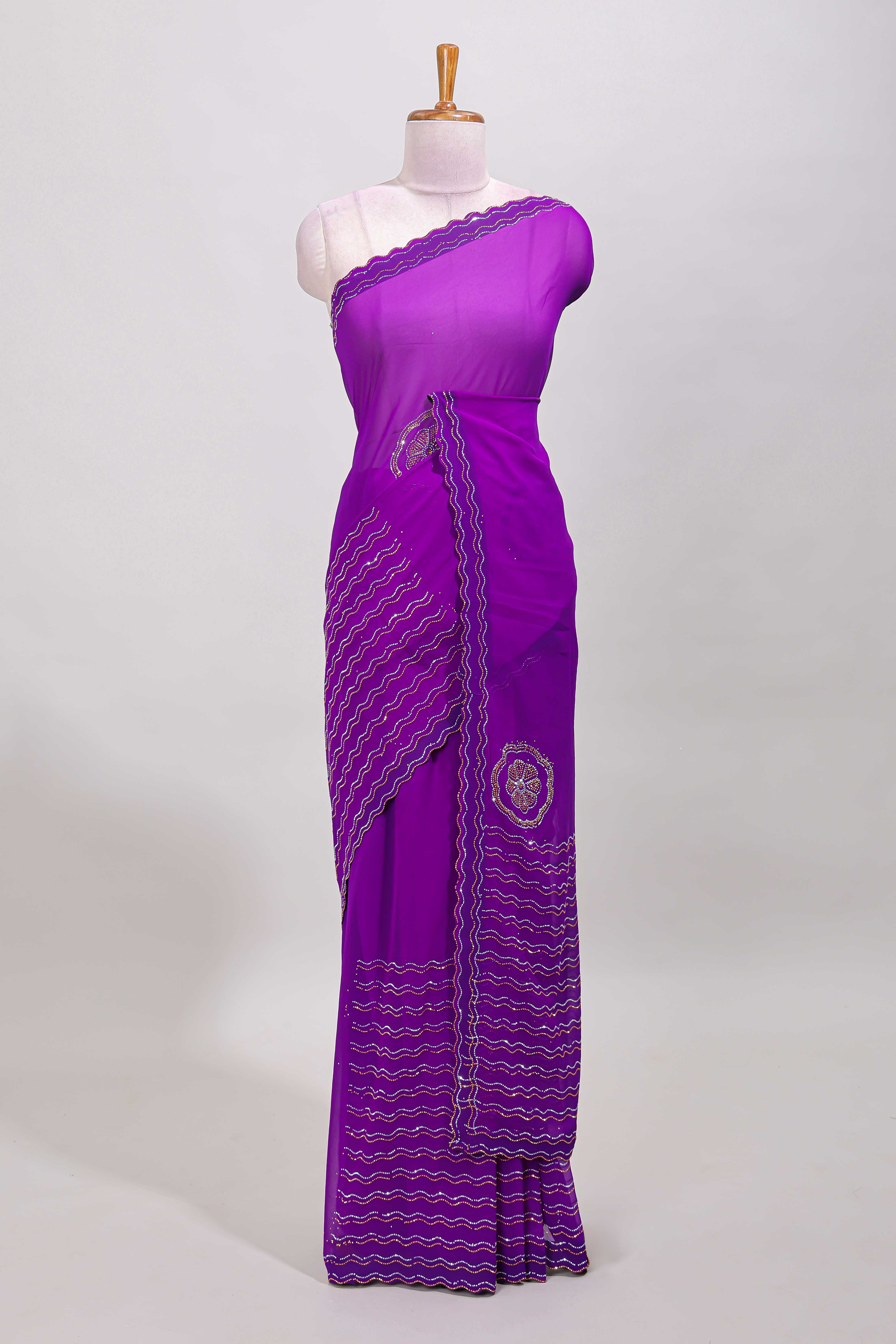 Rani pink floral stone work motifs designer saree with self scallop design border and matching blouse - Image 2