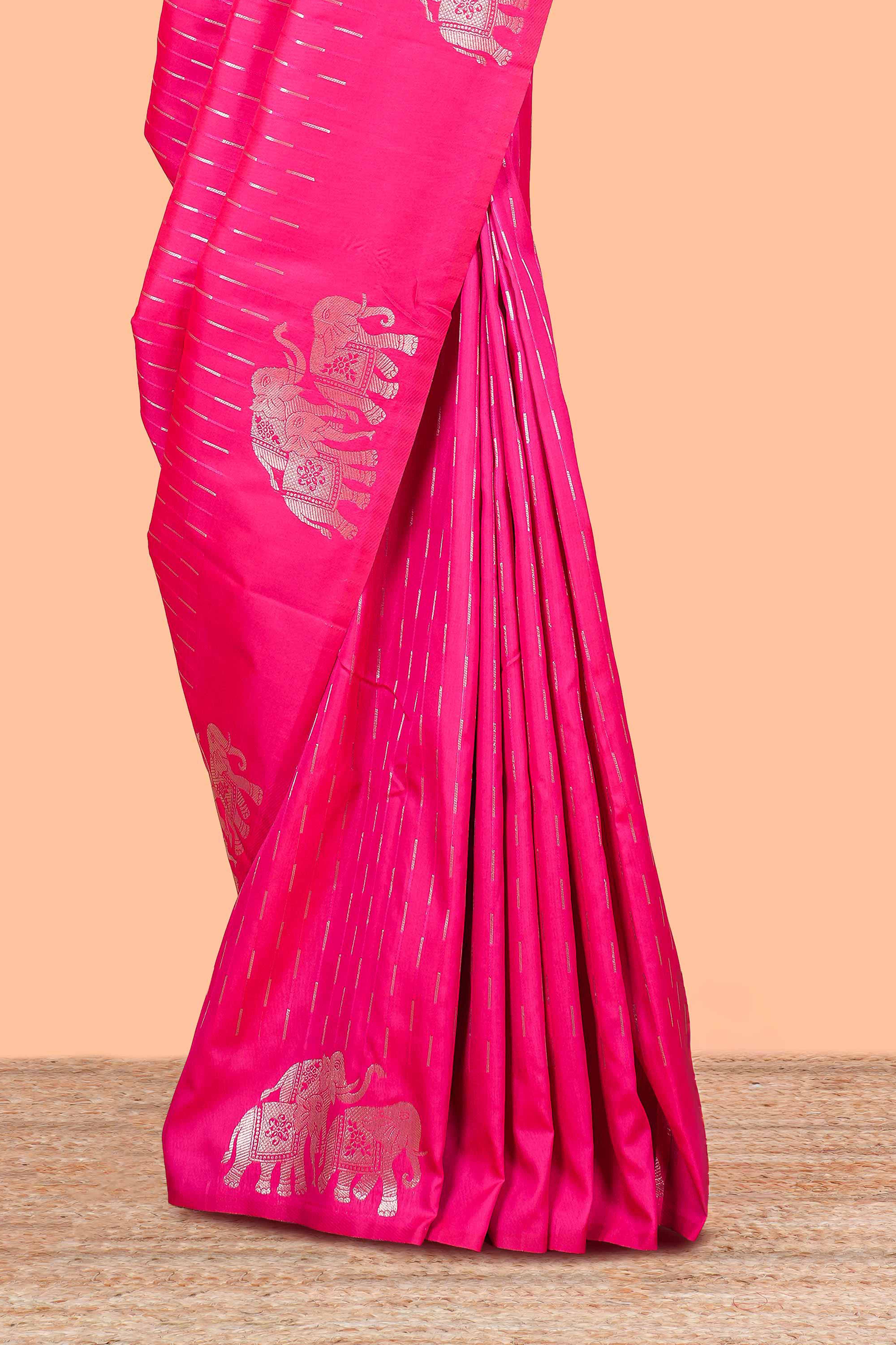 Rani Pink Semi Soft Silk Saree Zari Butta All Over And Floral Design Pallu - Image 3
