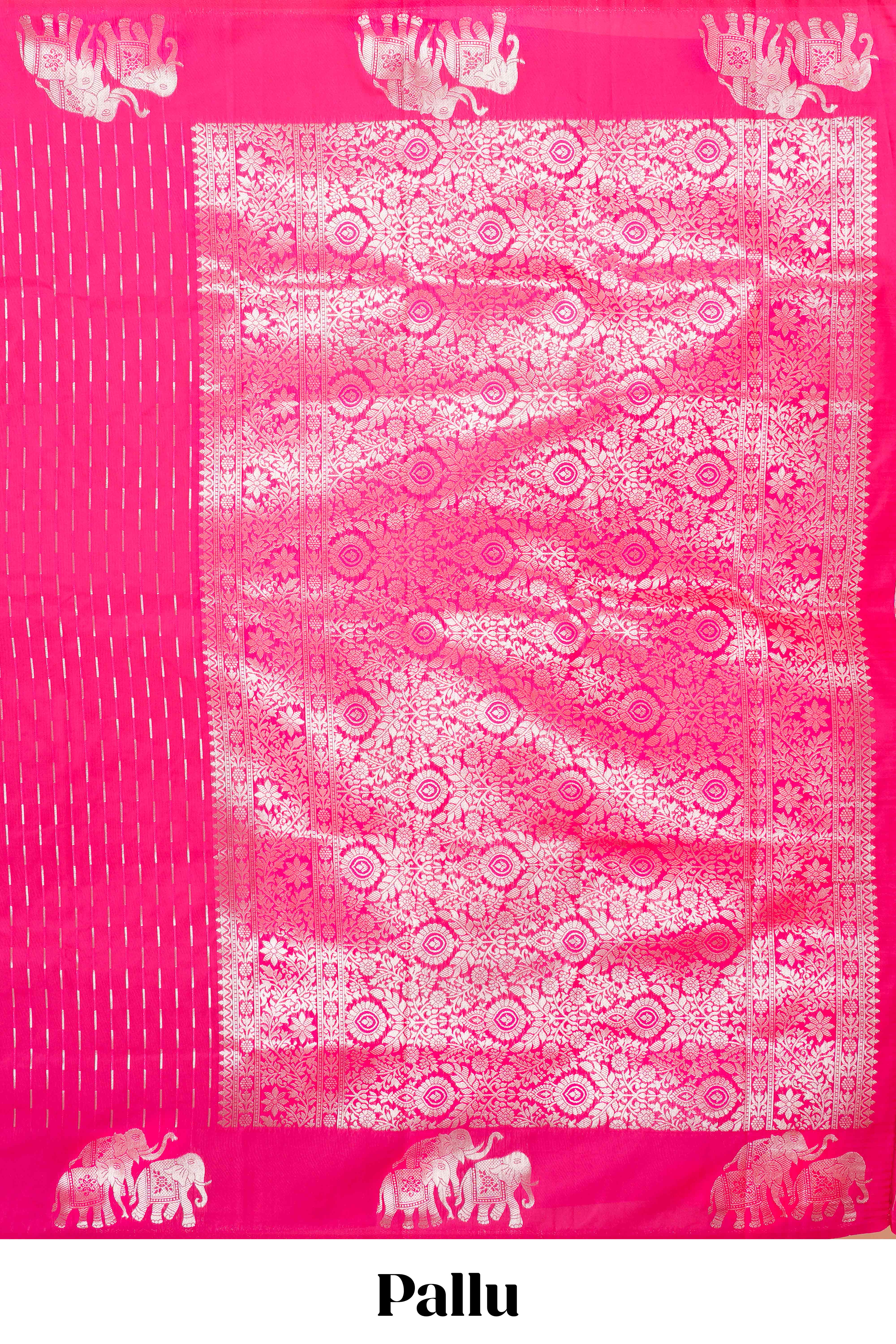 Rani Pink Semi Soft Silk Saree Zari Butta All Over And Floral Design Pallu - Image 4