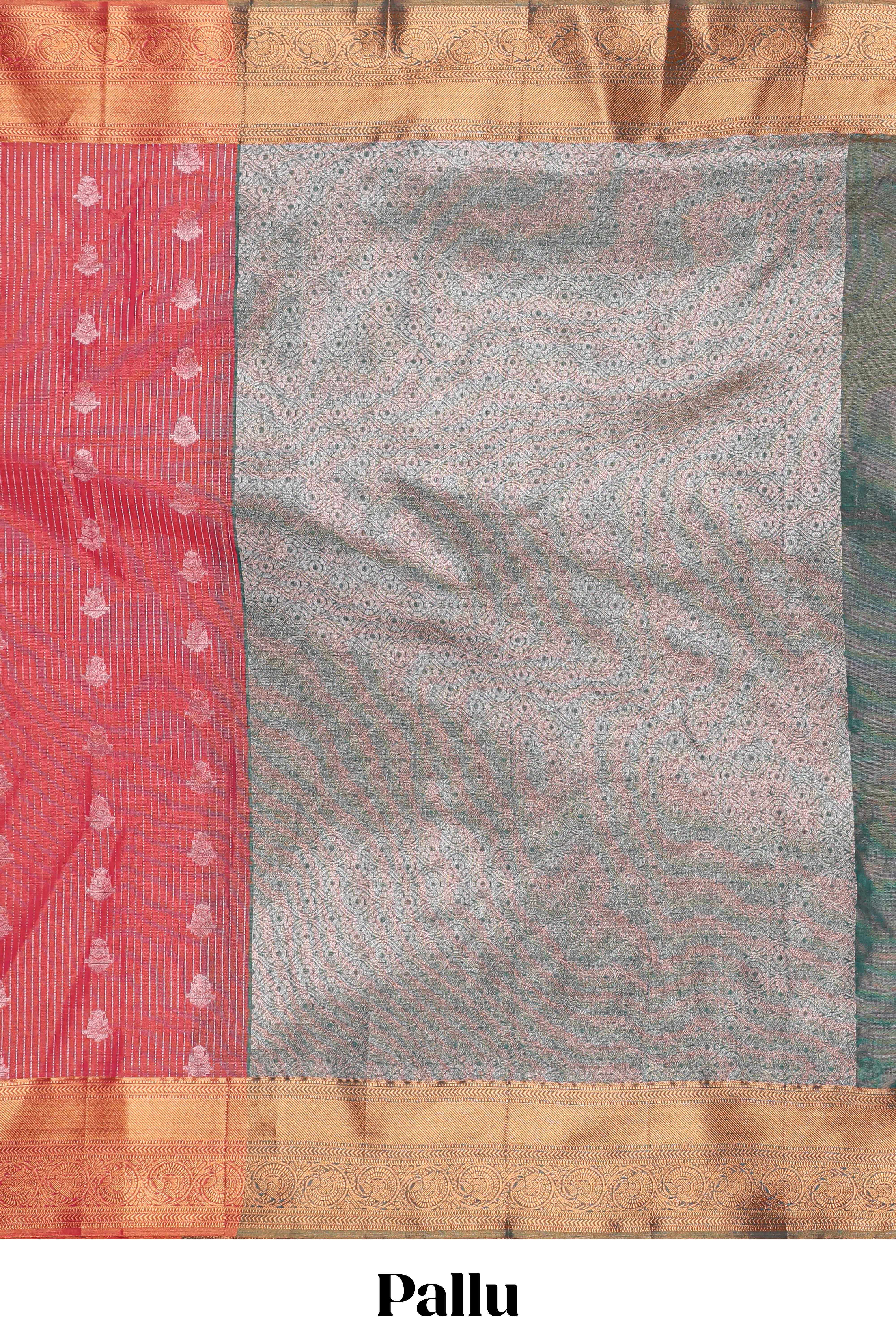 Rani Pink Tissue Silk Saree with Antique Gold Zari Weaving and Traditional Floral Motifs along with Contrast Blouse - Image 4
