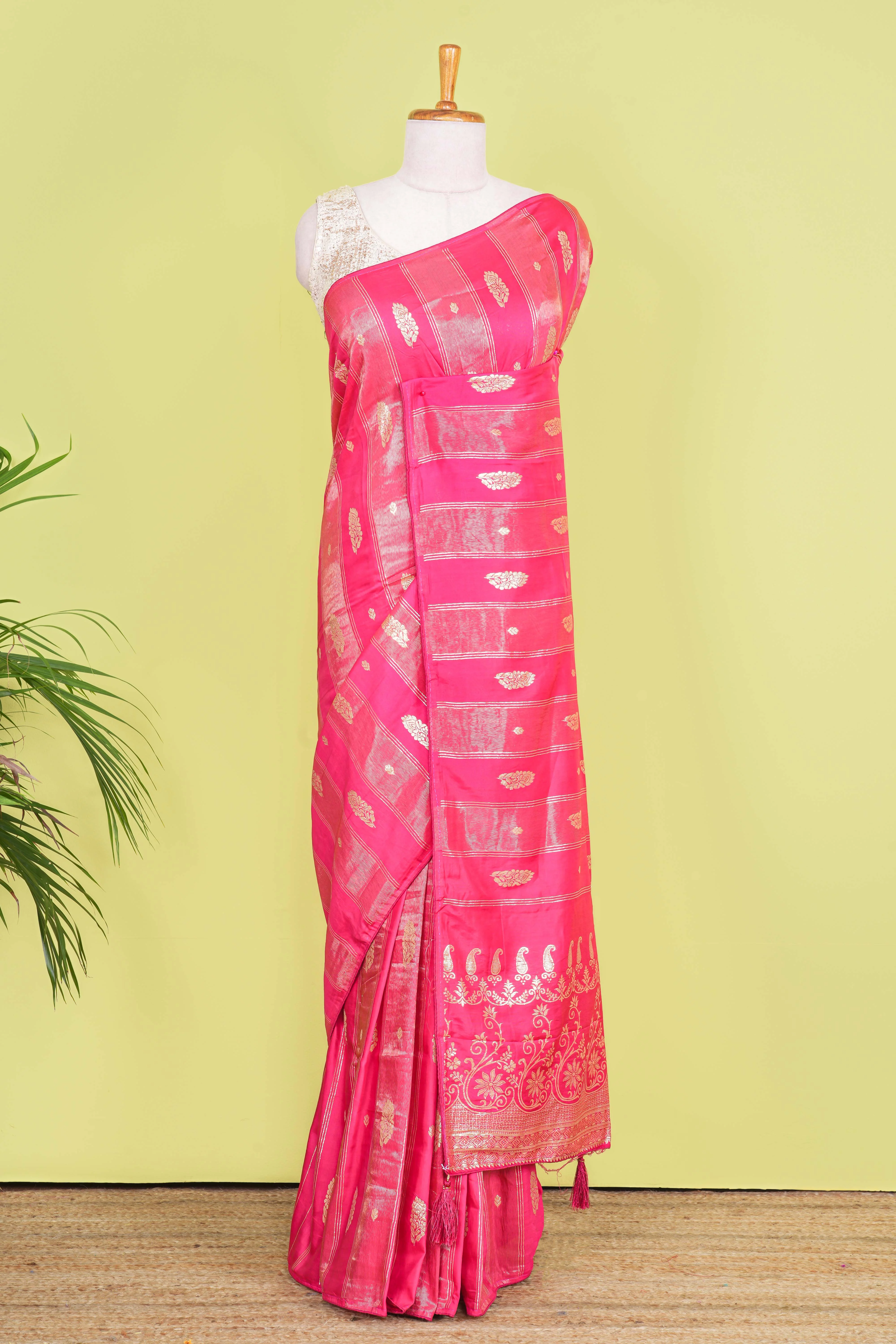 Rani Pink Viscose Georgette Saree Zari Woven Stripes, Floral Pattern Across The Body With Paisley Motifs Pallu - Image 2