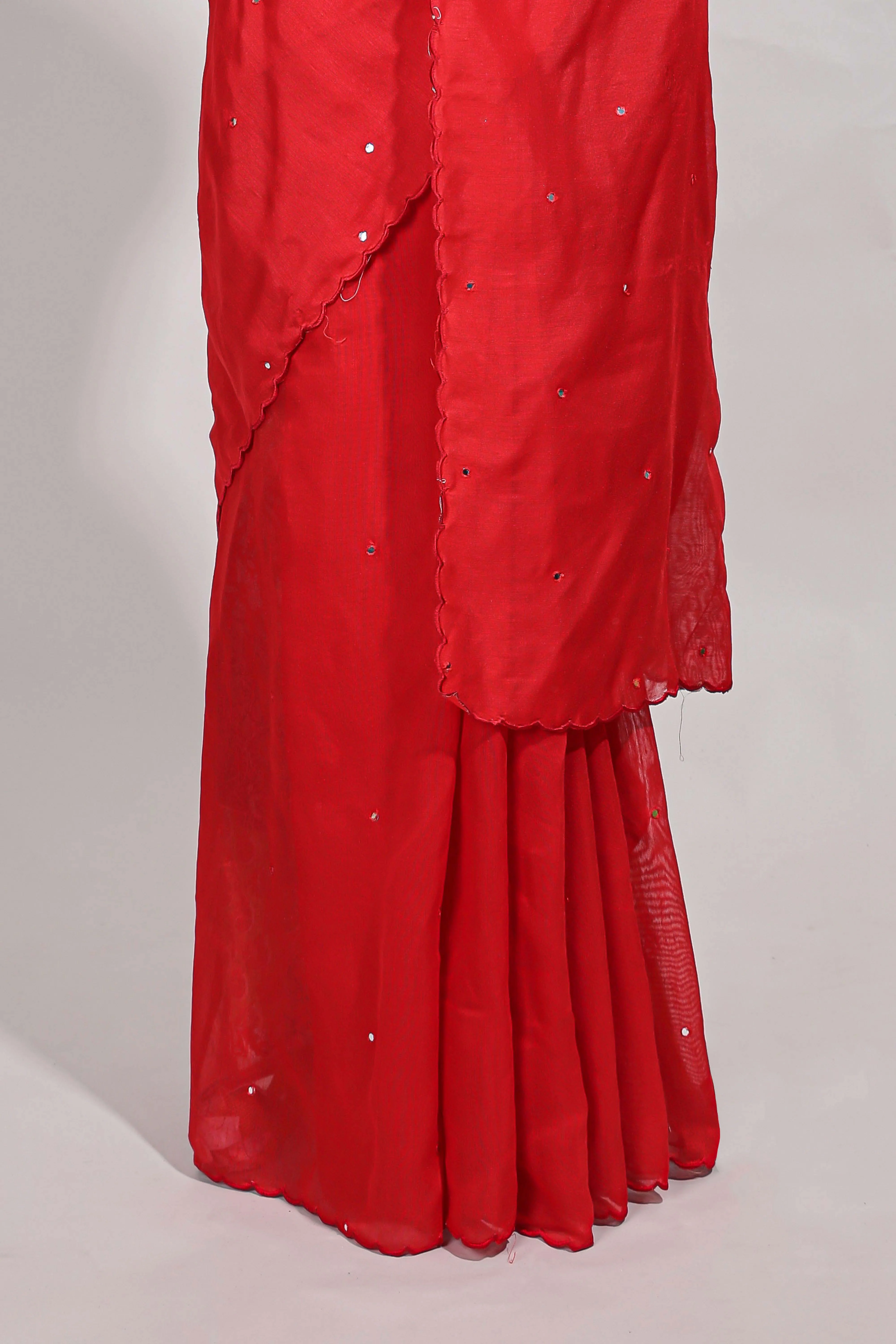 Rani pink with mirror work linen cotton saree with patch work style printed blouse - Image 4