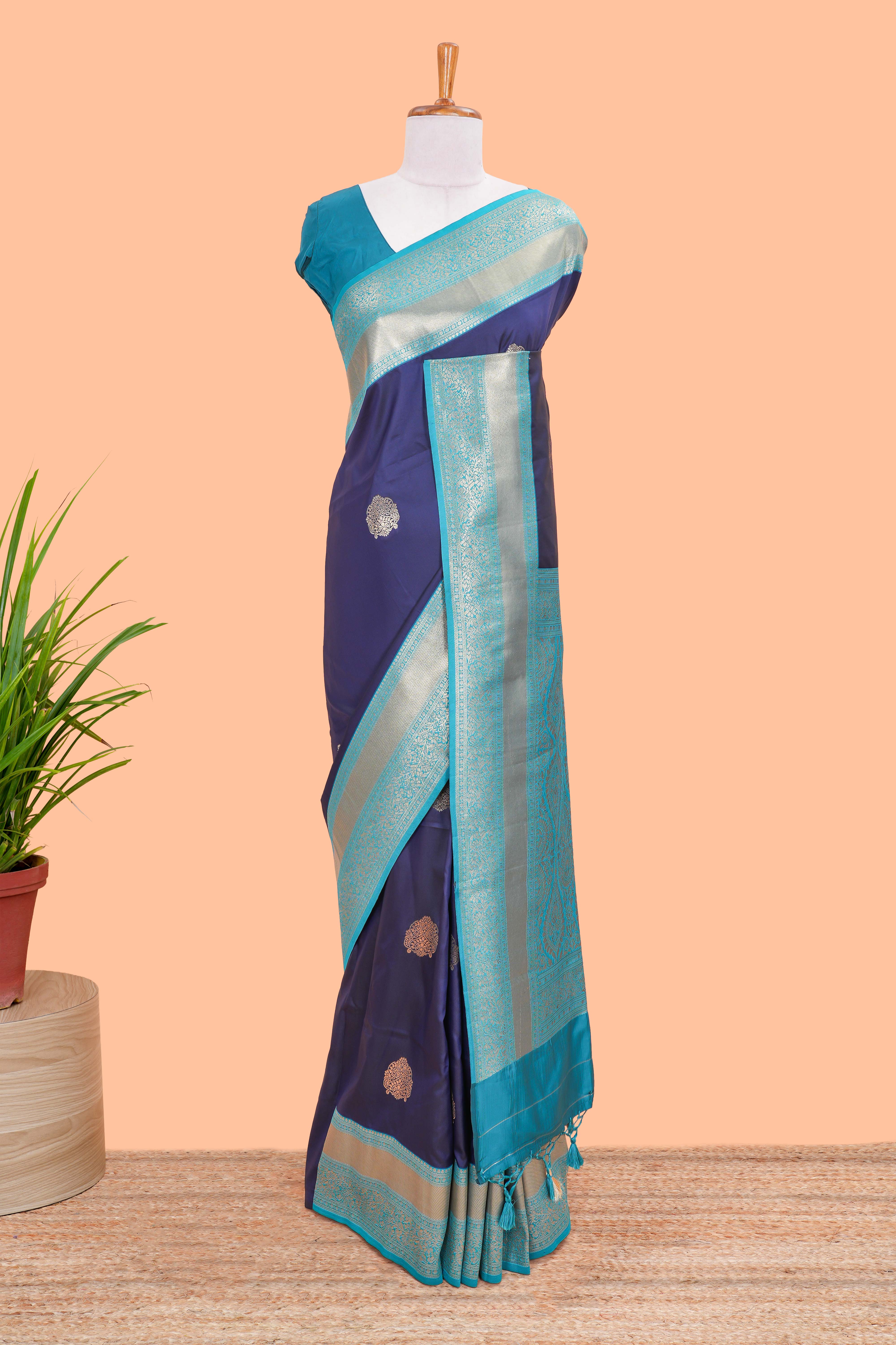 Raw Silk Saree Golden Zari Butta Across The Body And Contrast Pallu - Image 2
