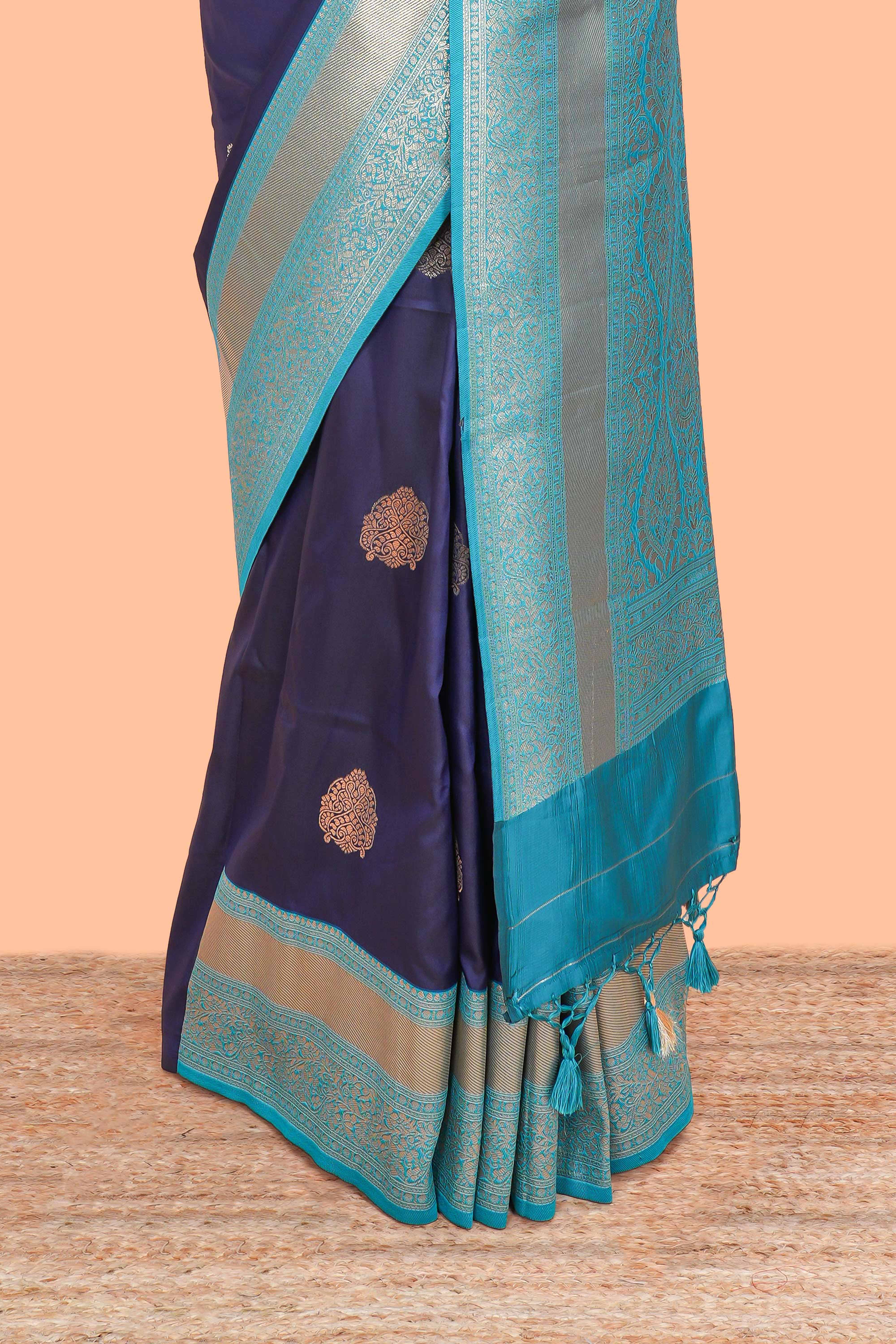 Raw Silk Saree Golden Zari Butta Across The Body And Contrast Pallu - Image 4