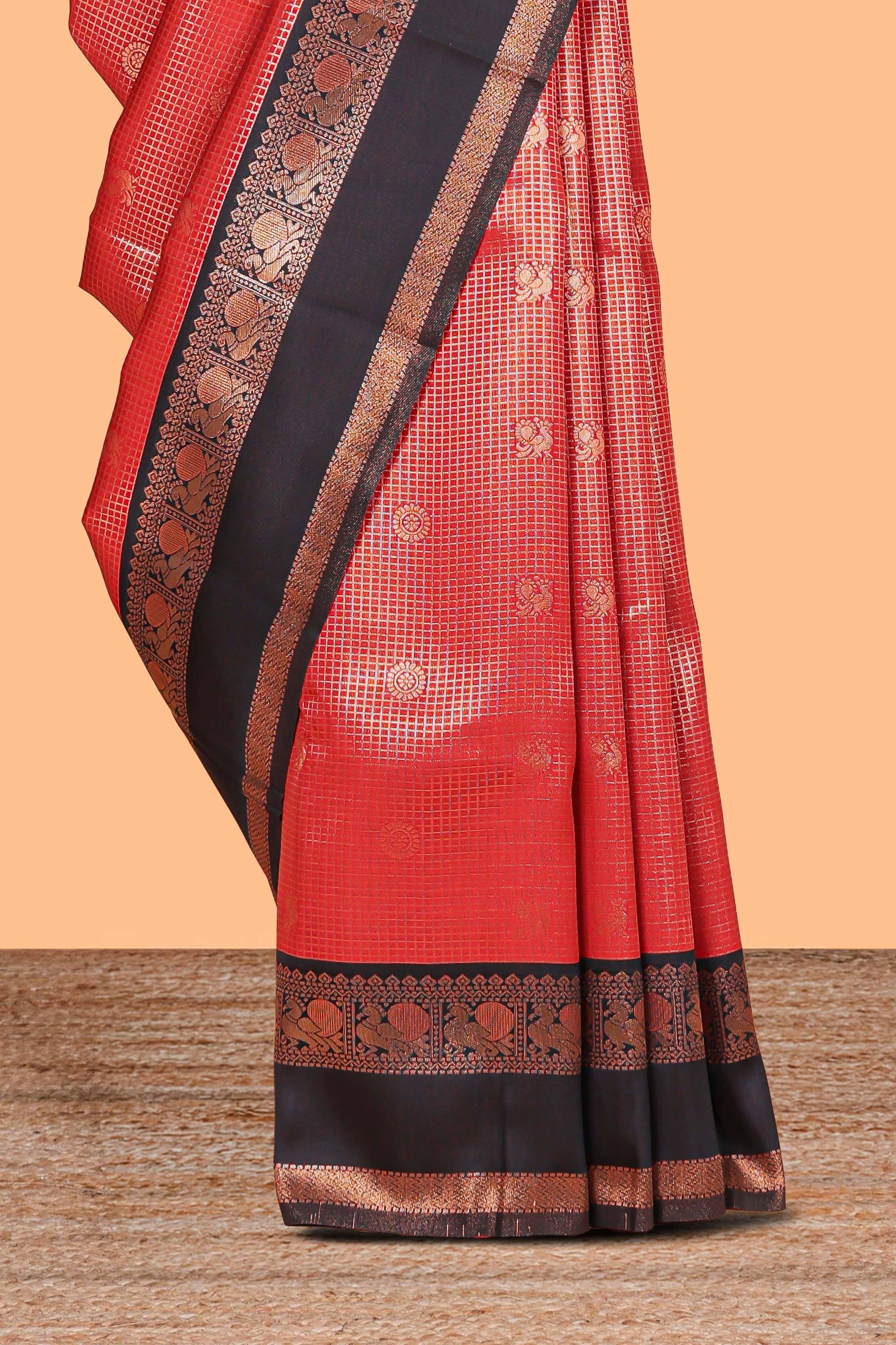 Red Art Silk Checked Pattern and Peacock Motifs with Woven Zari Style Border along with Matching Zari Weaving Buttas - Image 3