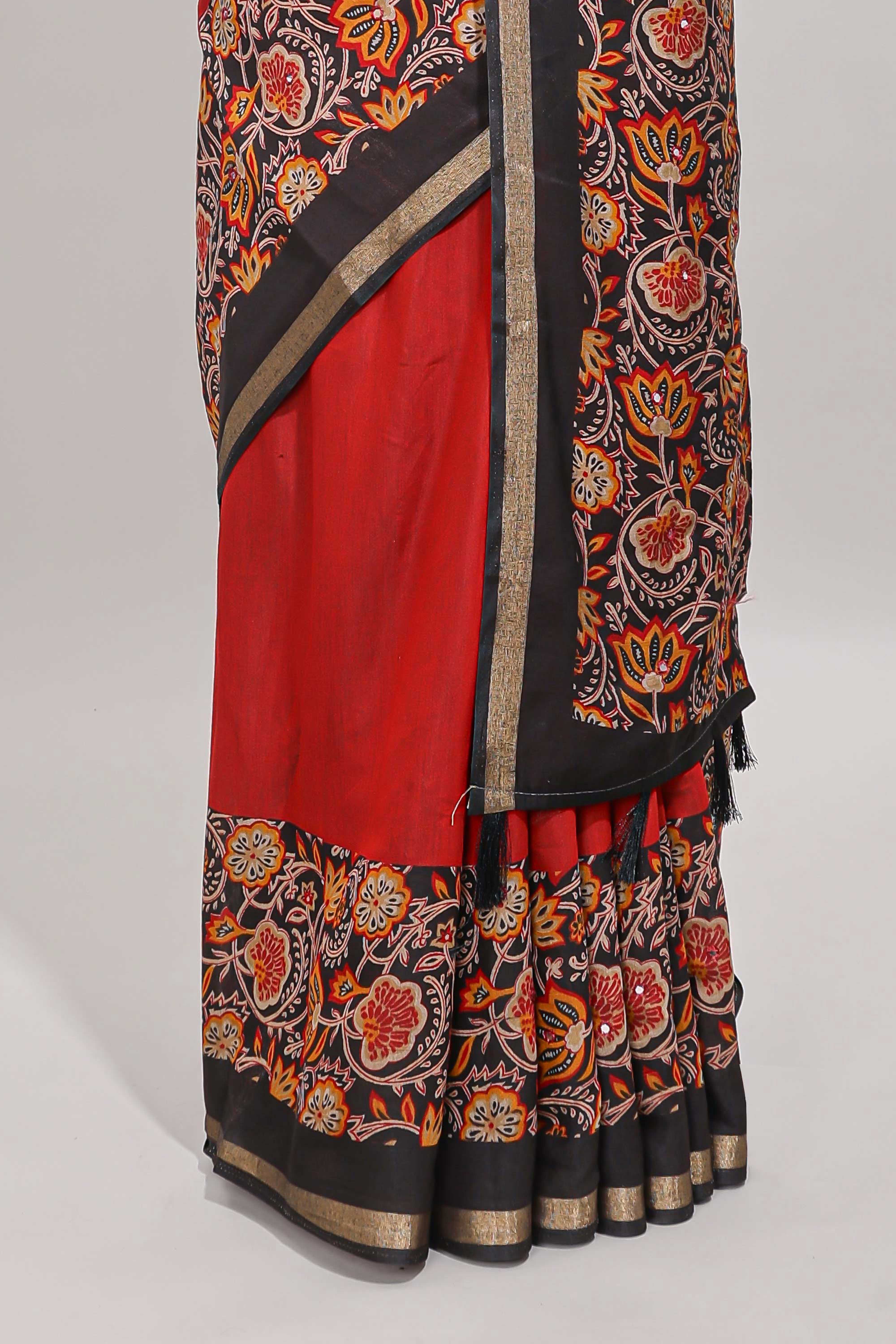 Red embroidery mirror work viscose georgette saree with contrast floral vine zari border and printed blouse - Image 4