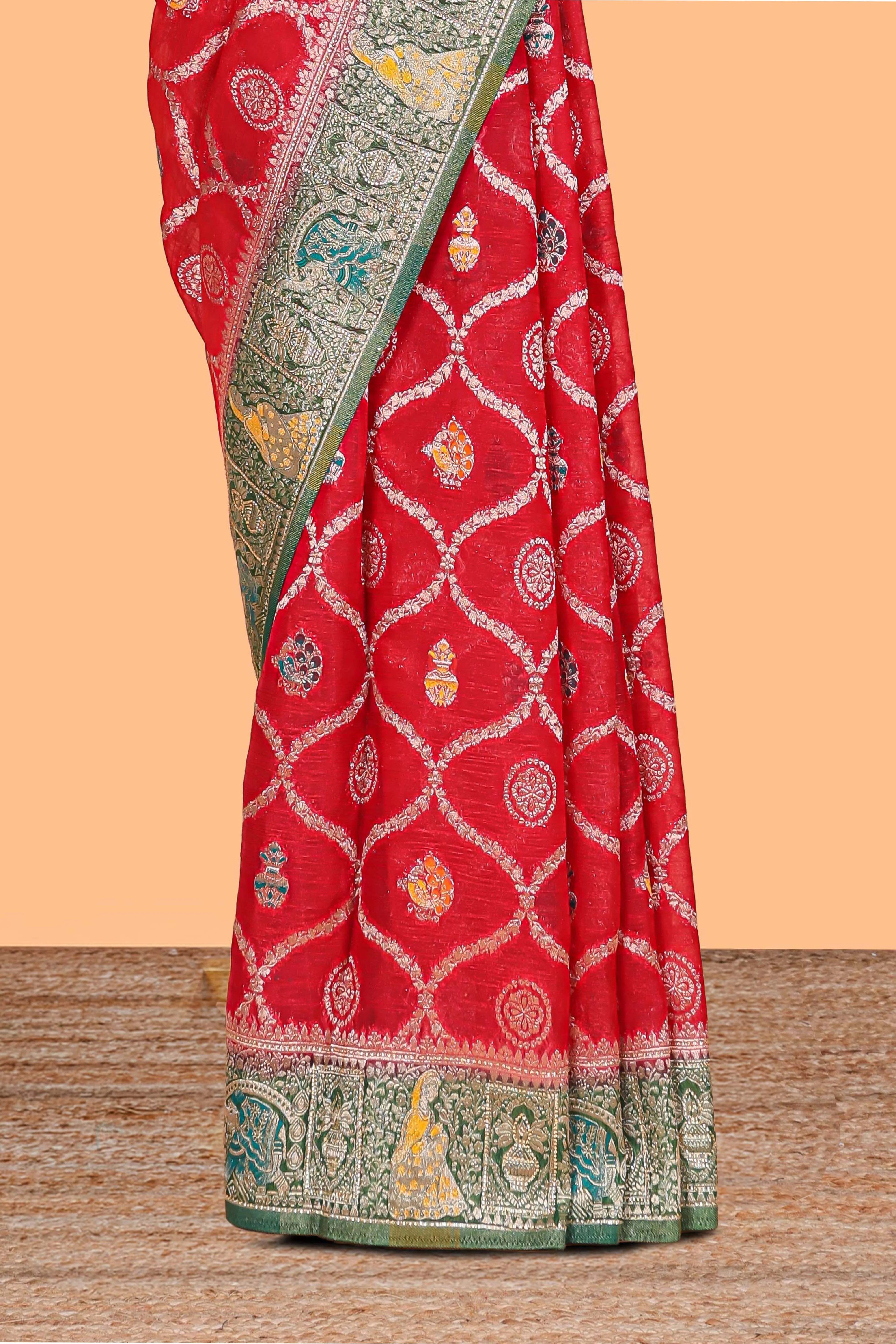 Red floral design banarasi silk saree with contrast border and floral printed blouse - Image 3